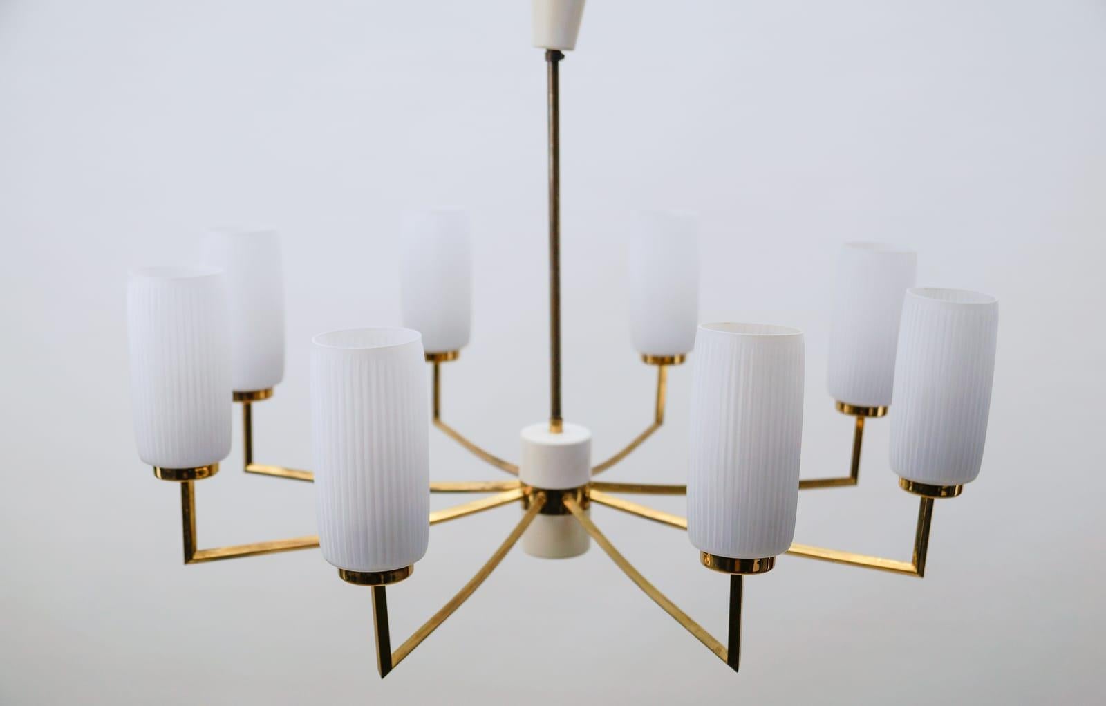 European Elegant Mid-Century Modern Brass, Metal Ceiling Lamp and 8 Opaline Shades, 1950s