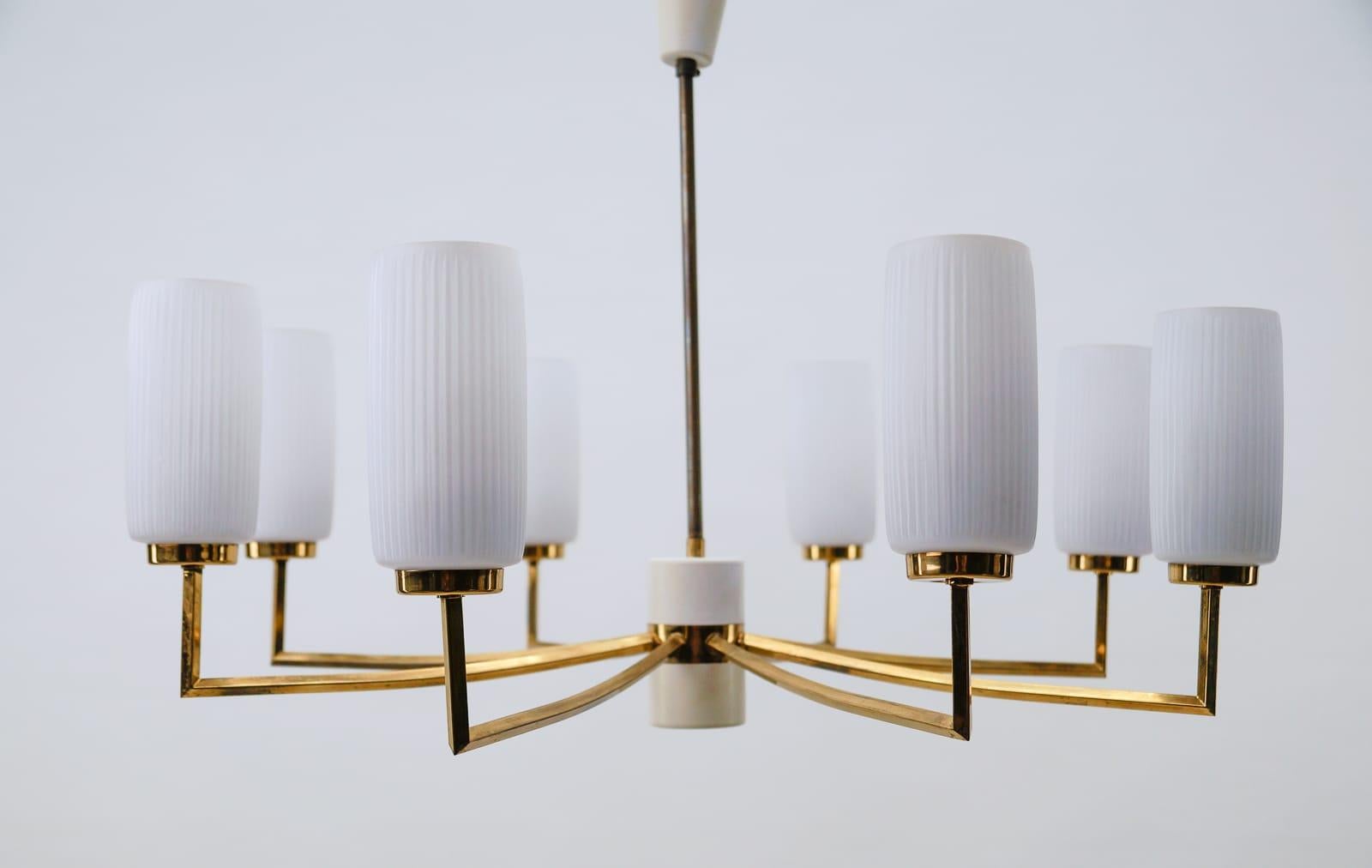 Mid-20th Century Elegant Mid-Century Modern Brass, Metal Ceiling Lamp and 8 Opaline Shades, 1950s