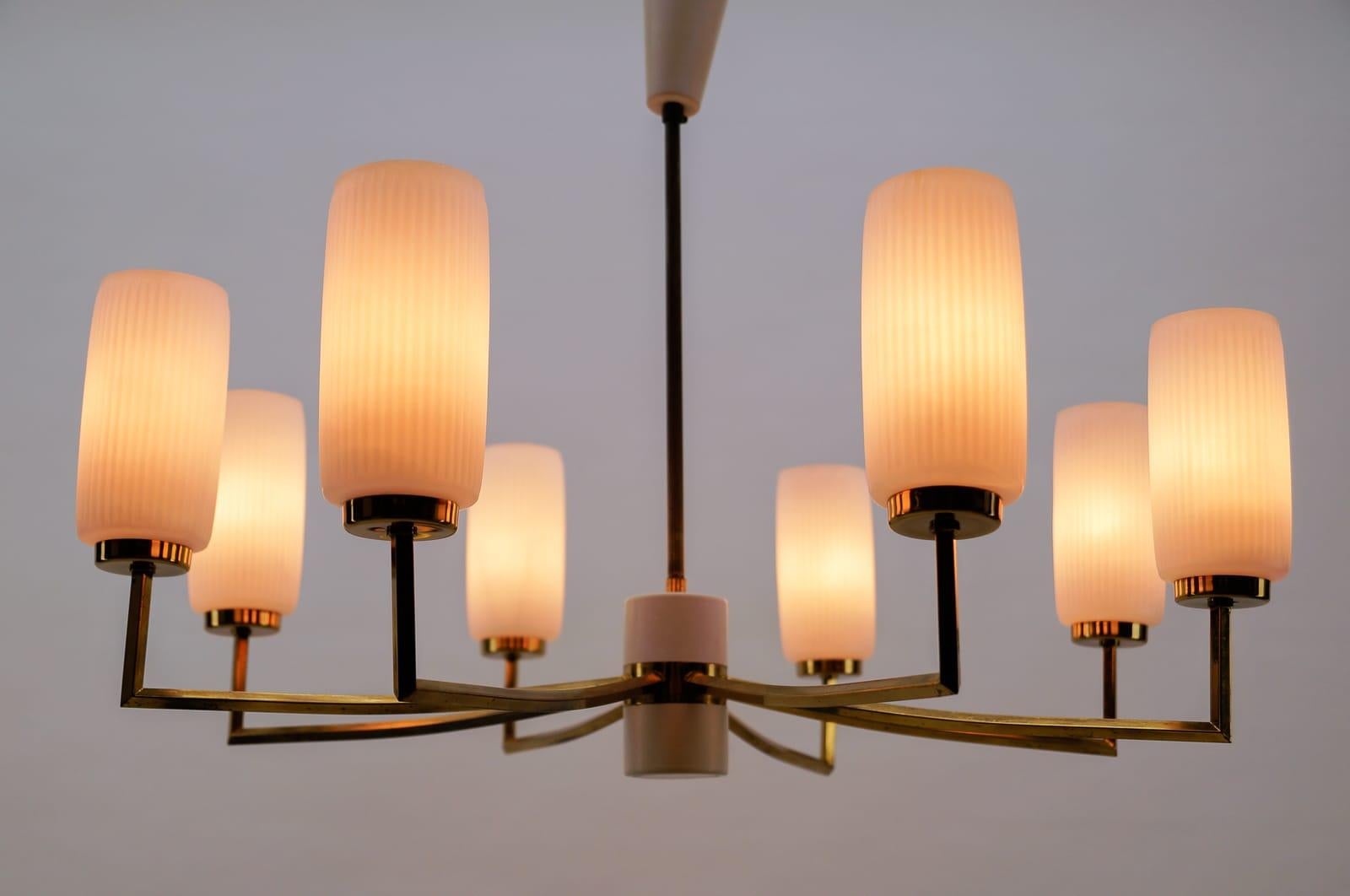 Elegant Mid-Century Modern Brass, Metal Ceiling Lamp and 8 Opaline Shades, 1950s 1