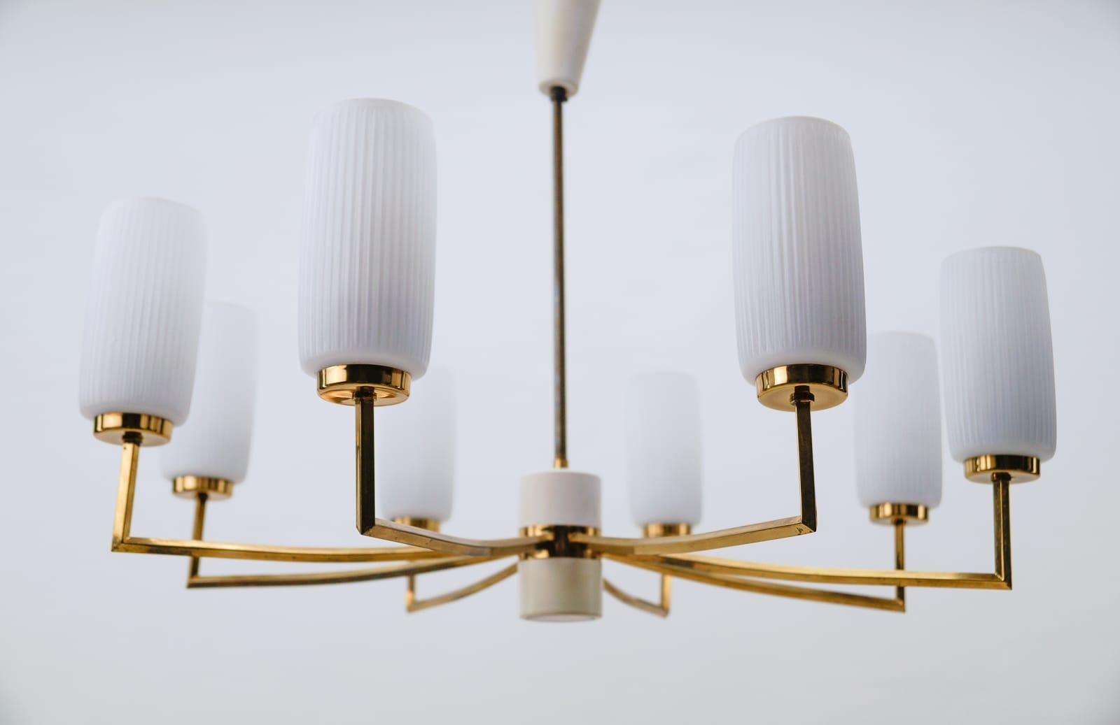 Elegant Mid-Century Modern Brass, Metal Ceiling Lamp and 8 Opaline Shades, 1950s 2