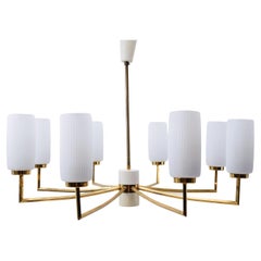 Elegant Mid-Century Modern Brass, Metal Ceiling Lamp and 8 Opaline Shades, 1950s