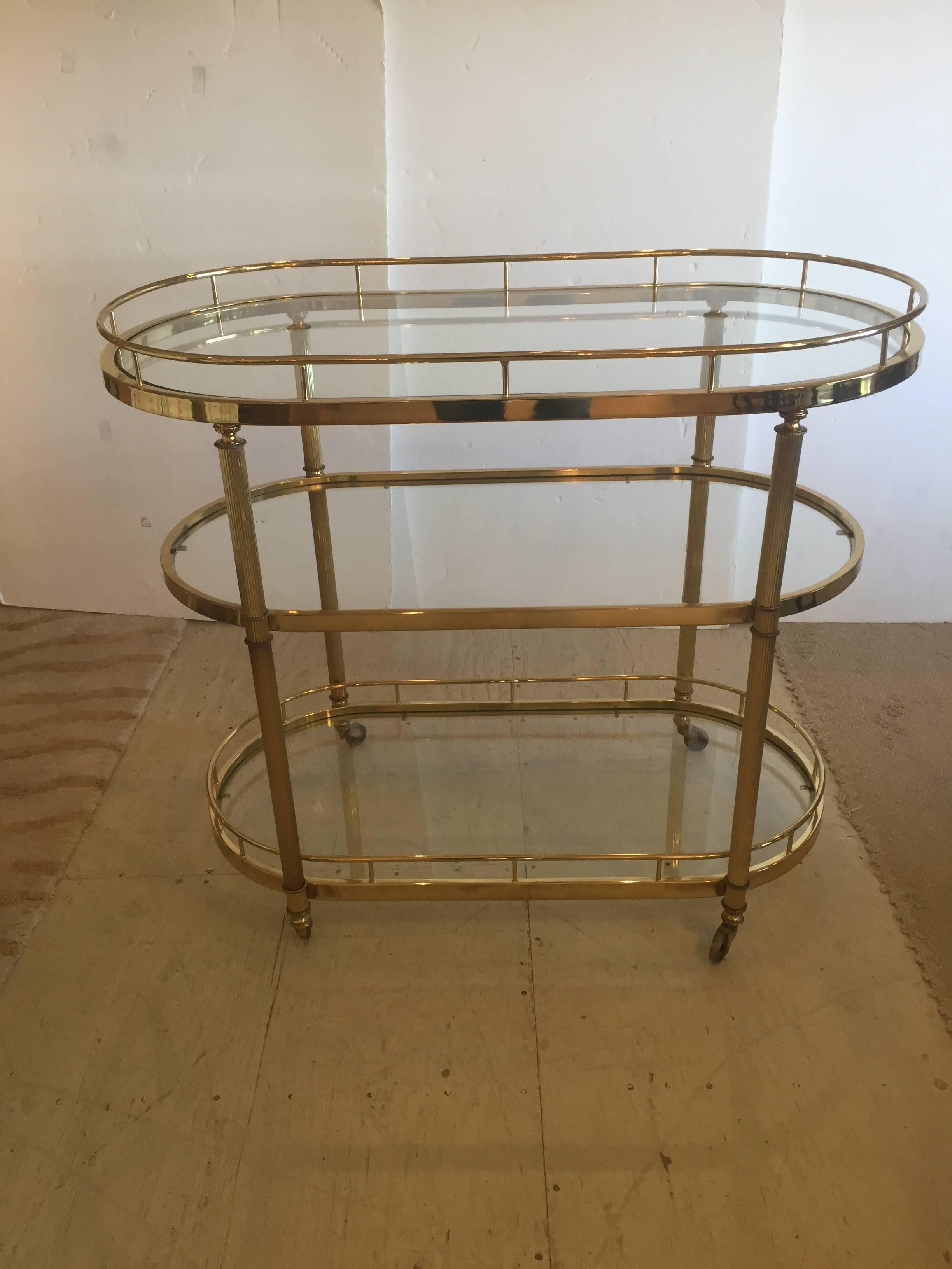 American Elegant Mid-Century Modern Fluted Brass Three-Tier Oval Bar Cart