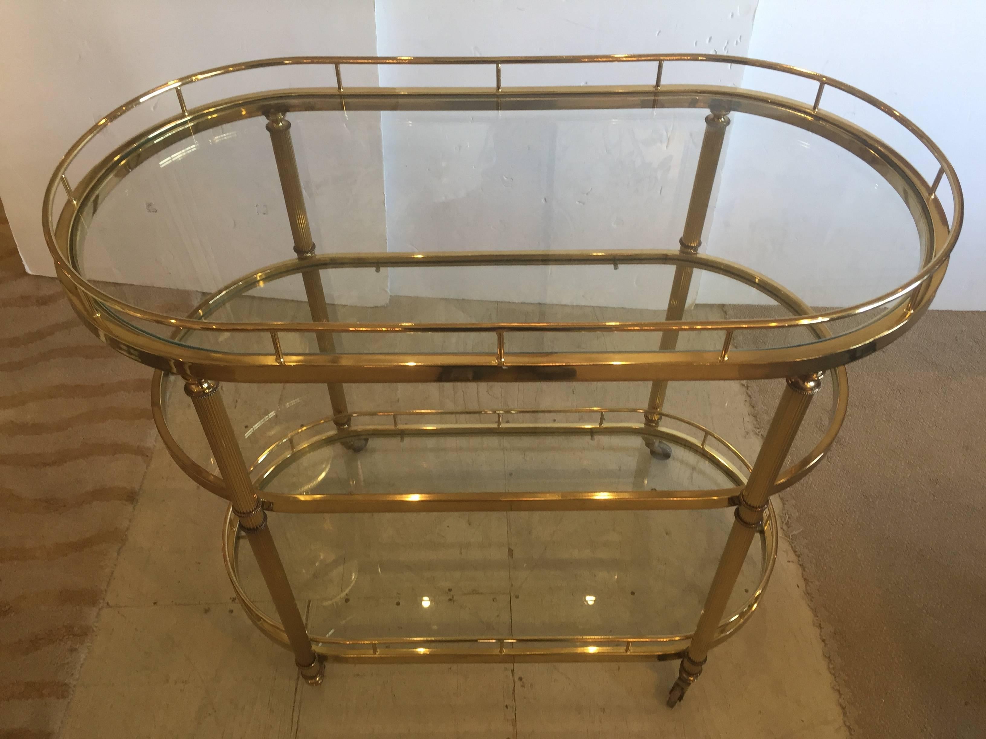 Mid-20th Century Elegant Mid-Century Modern Fluted Brass Three-Tier Oval Bar Cart