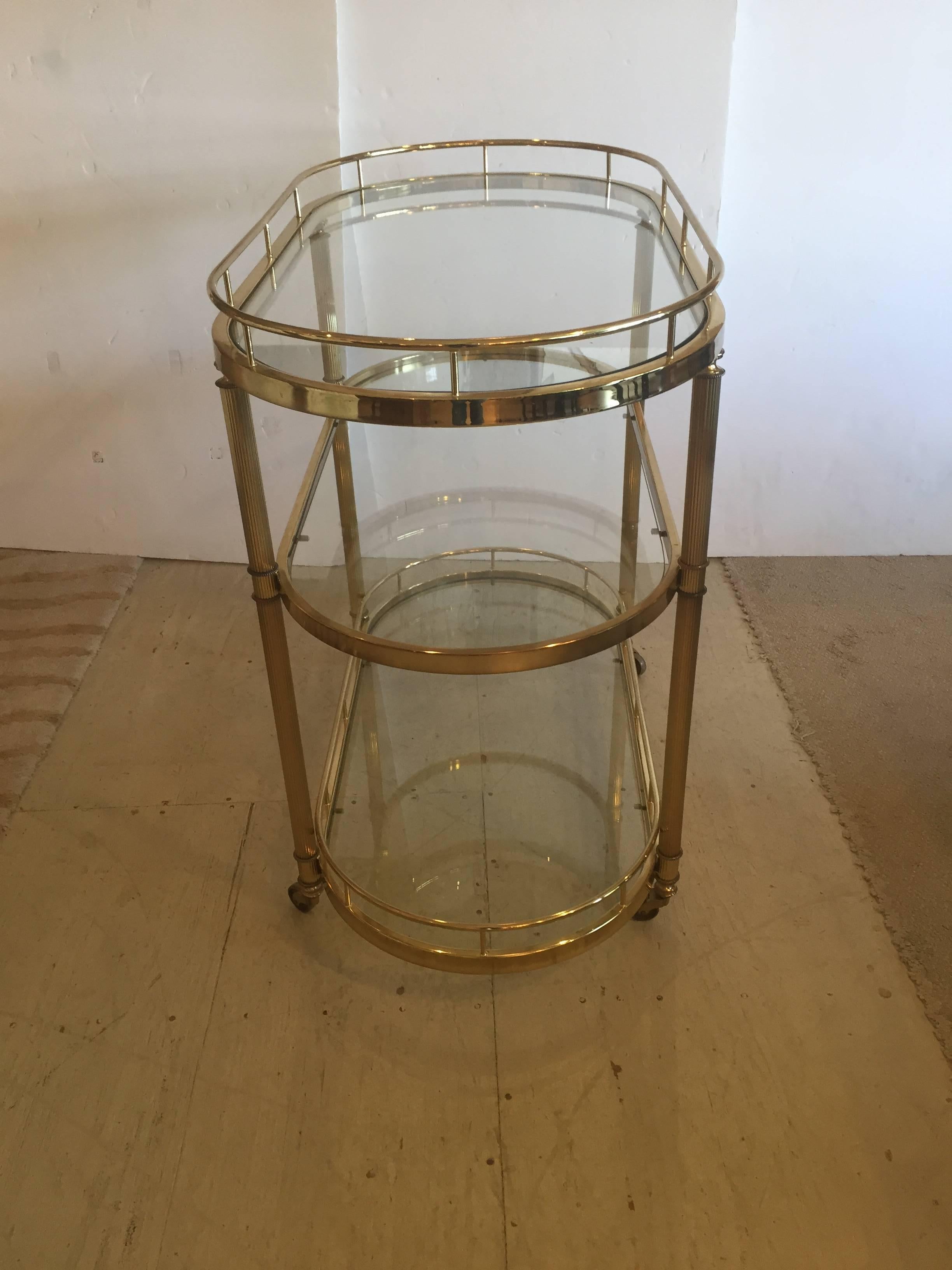 Elegant Mid-Century Modern Fluted Brass Three-Tier Oval Bar Cart 1