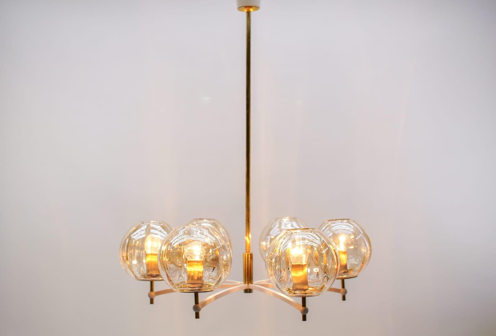 Scandinavian Elegant Mid-Century Modern Orbit Ceiling Lamp in Amber Glass and Brass, 1960s For Sale