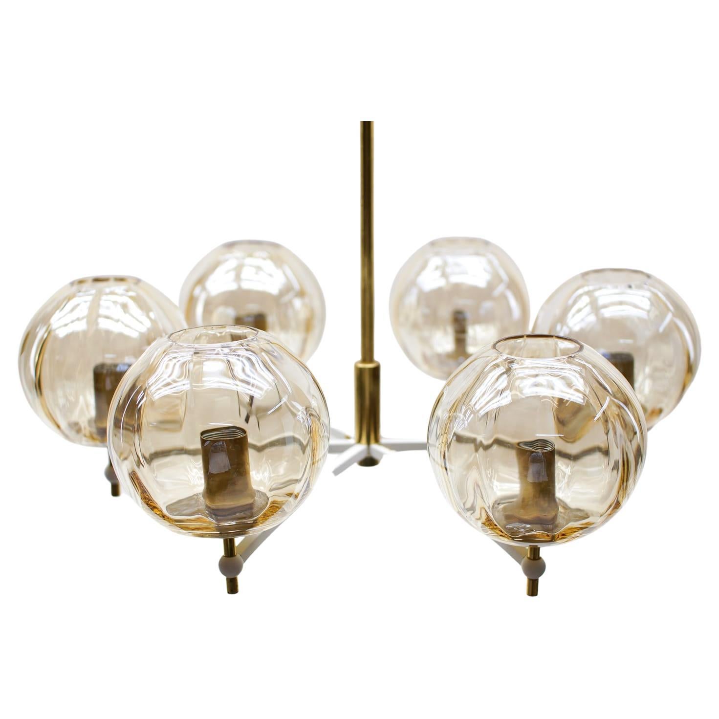 Elegant Mid-Century Modern Orbit Ceiling Lamp in Amber Glass and Brass, 1960s