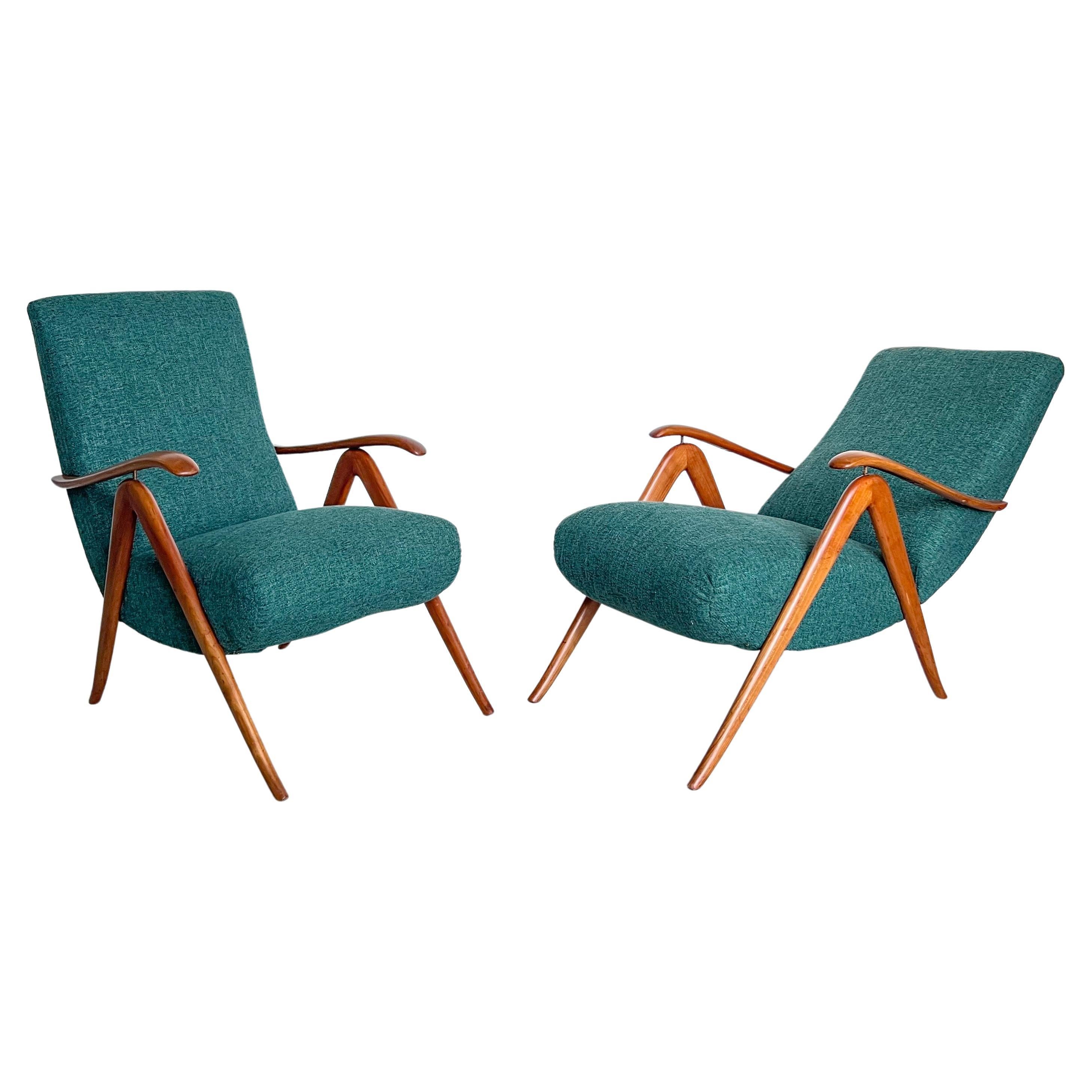 Elegant Mid-Century Modern Reclining Armchairs in Wood, Green, Timeless For Sale