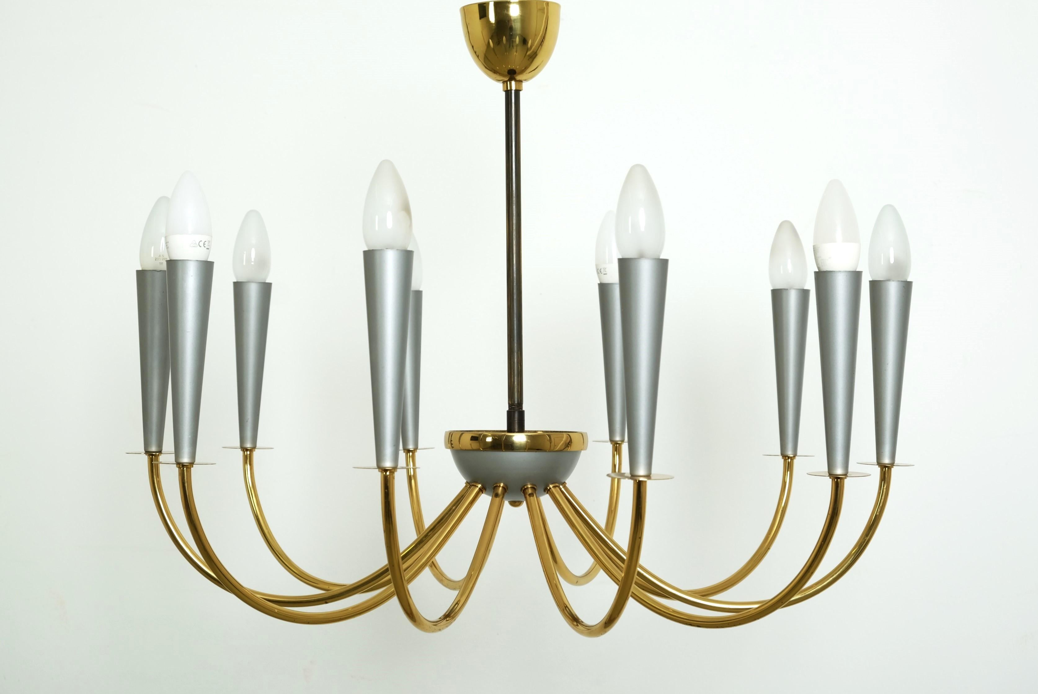 Elegant Mid Century Modern Sputnik Chandelier with Ten Brass Arms, Germany 1950s For Sale 4