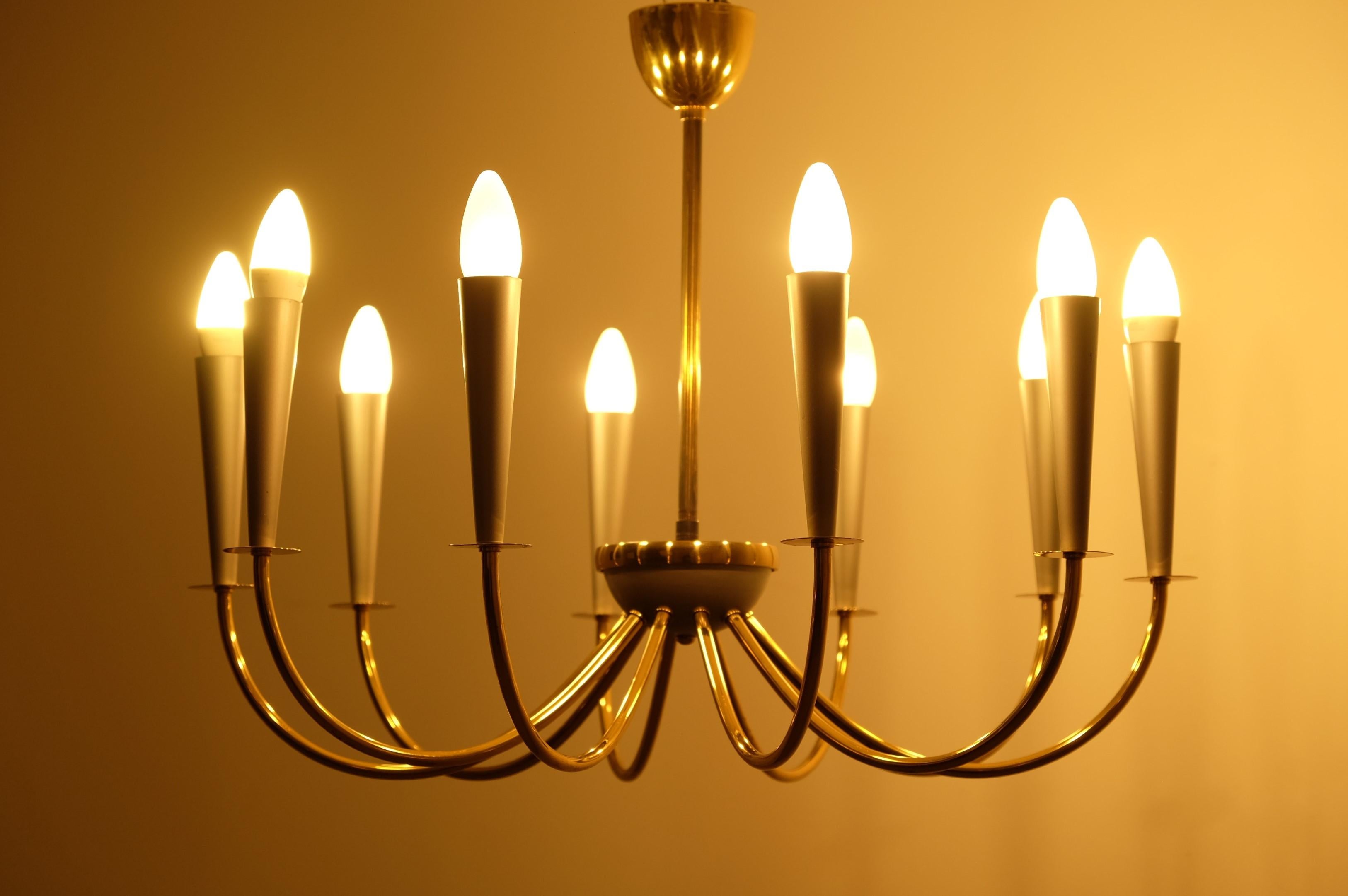 Elegant Mid Century Modern Sputnik Chandelier with Ten Brass Arms, Germany 1950s For Sale 8
