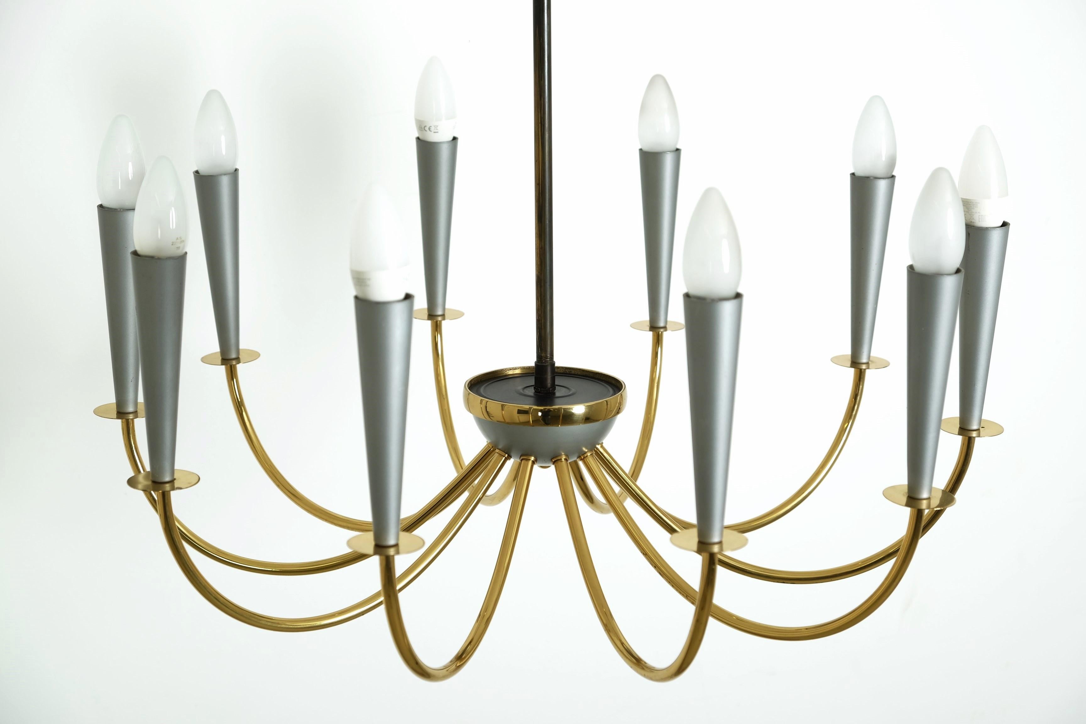 Elegant Mid Century Modern Sputnik Chandelier with Ten Brass Arms, Germany 1950s For Sale 9