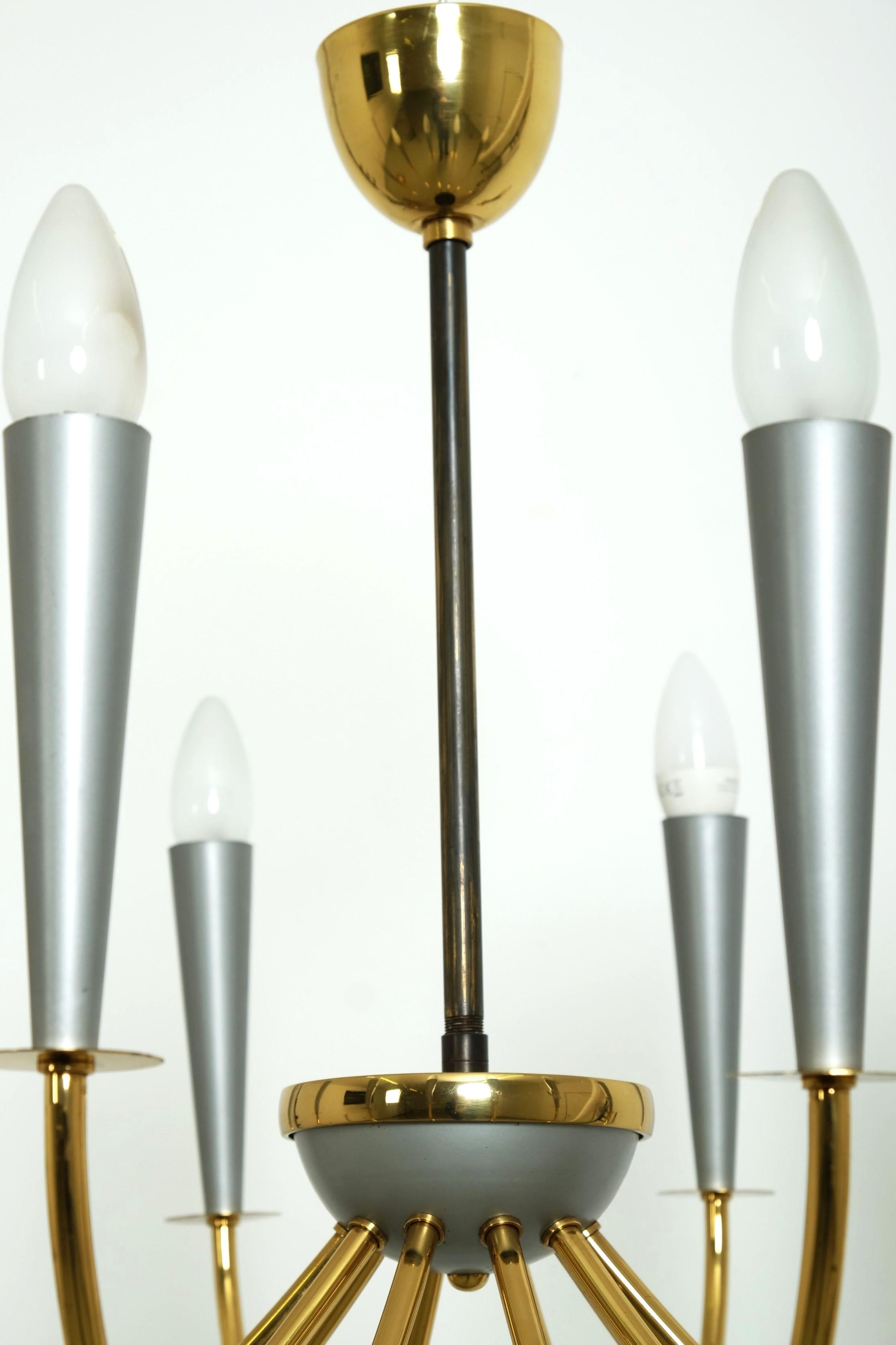 Elegant Mid Century Modern Sputnik Chandelier with Ten Brass Arms, Germany 1950s For Sale 11