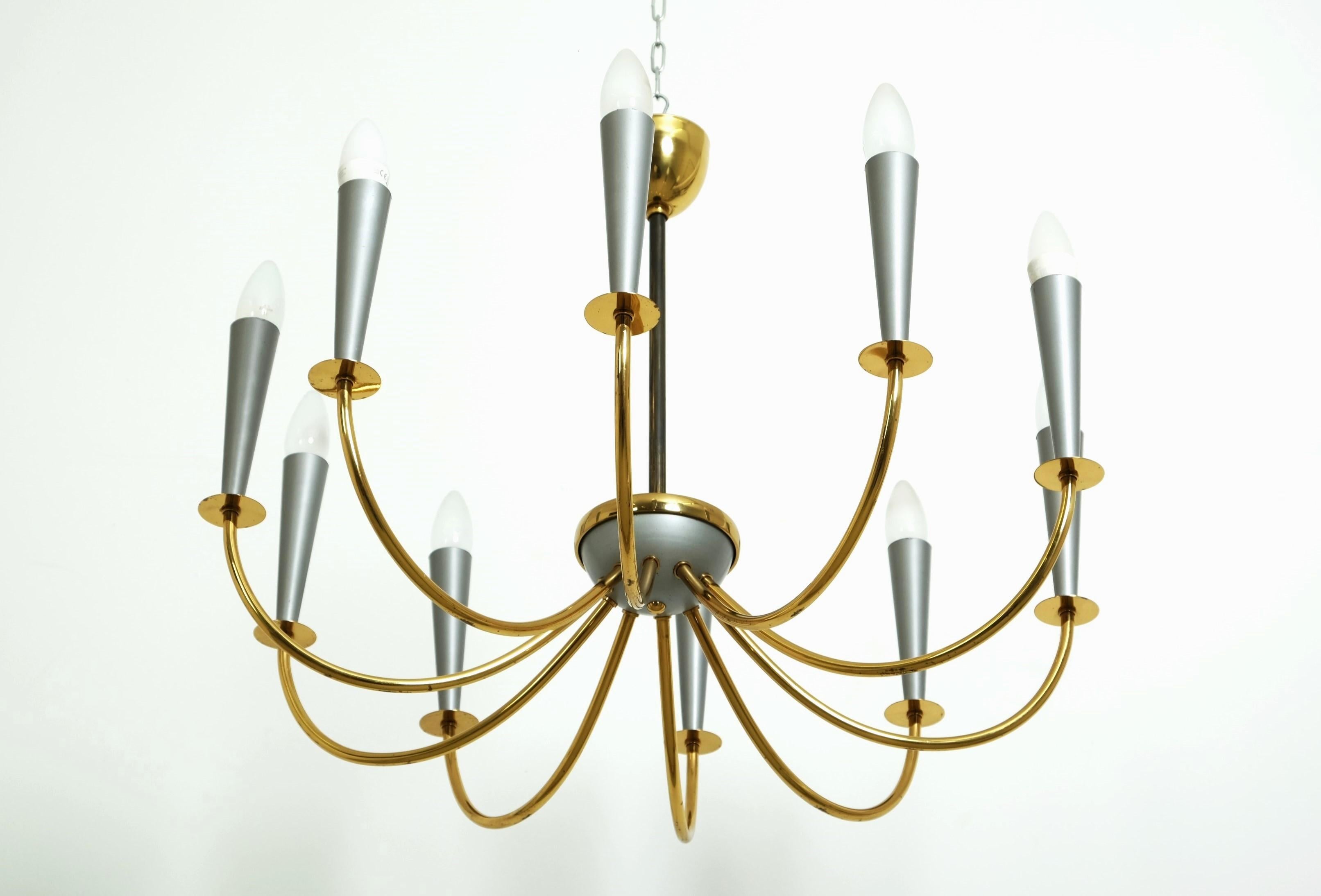 Mid-Century Modern Elegant Mid Century Modern Sputnik Chandelier with Ten Brass Arms, Germany 1950s For Sale
