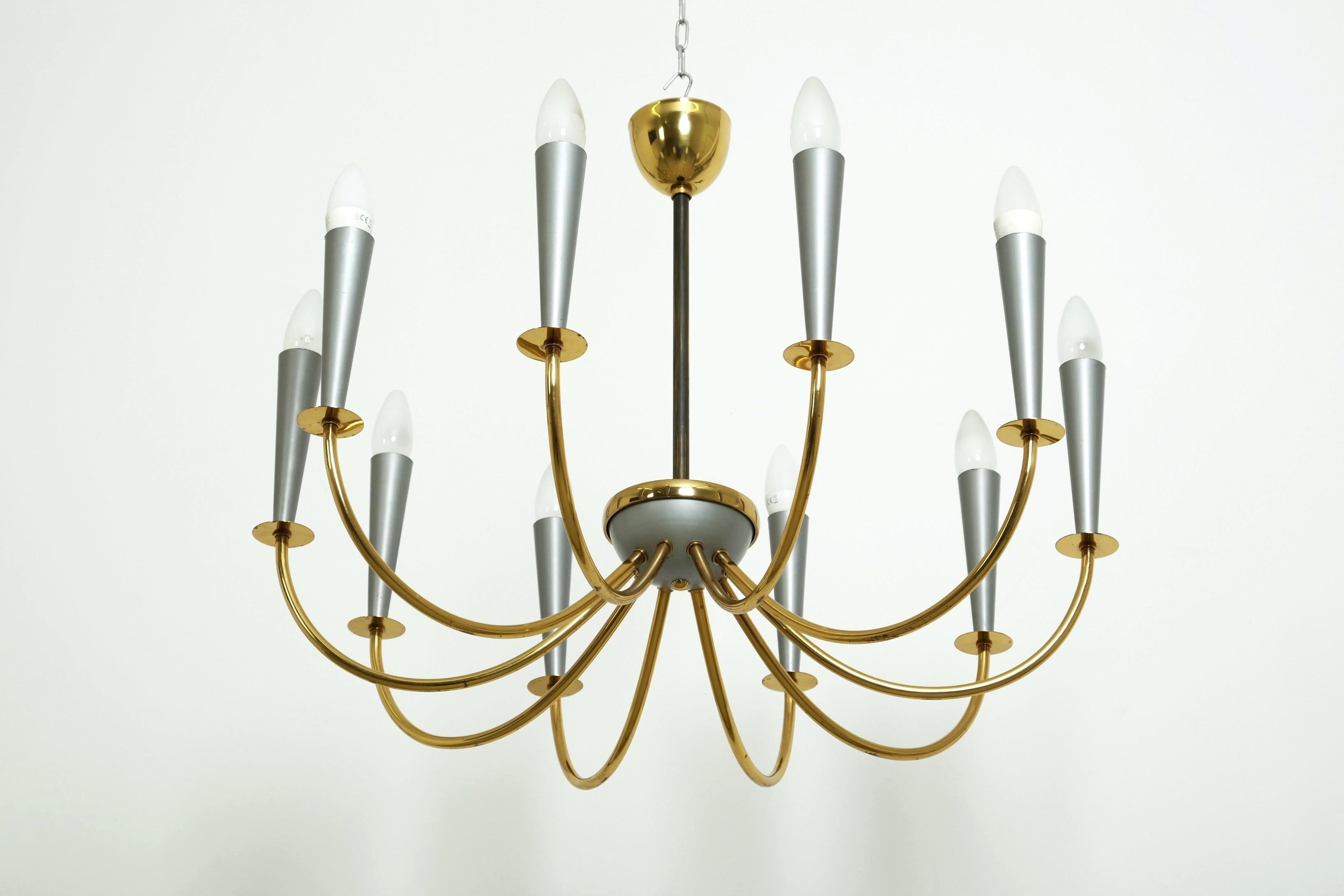 Mid-20th Century Elegant Mid Century Modern Sputnik Chandelier with Ten Brass Arms, Germany 1950s For Sale