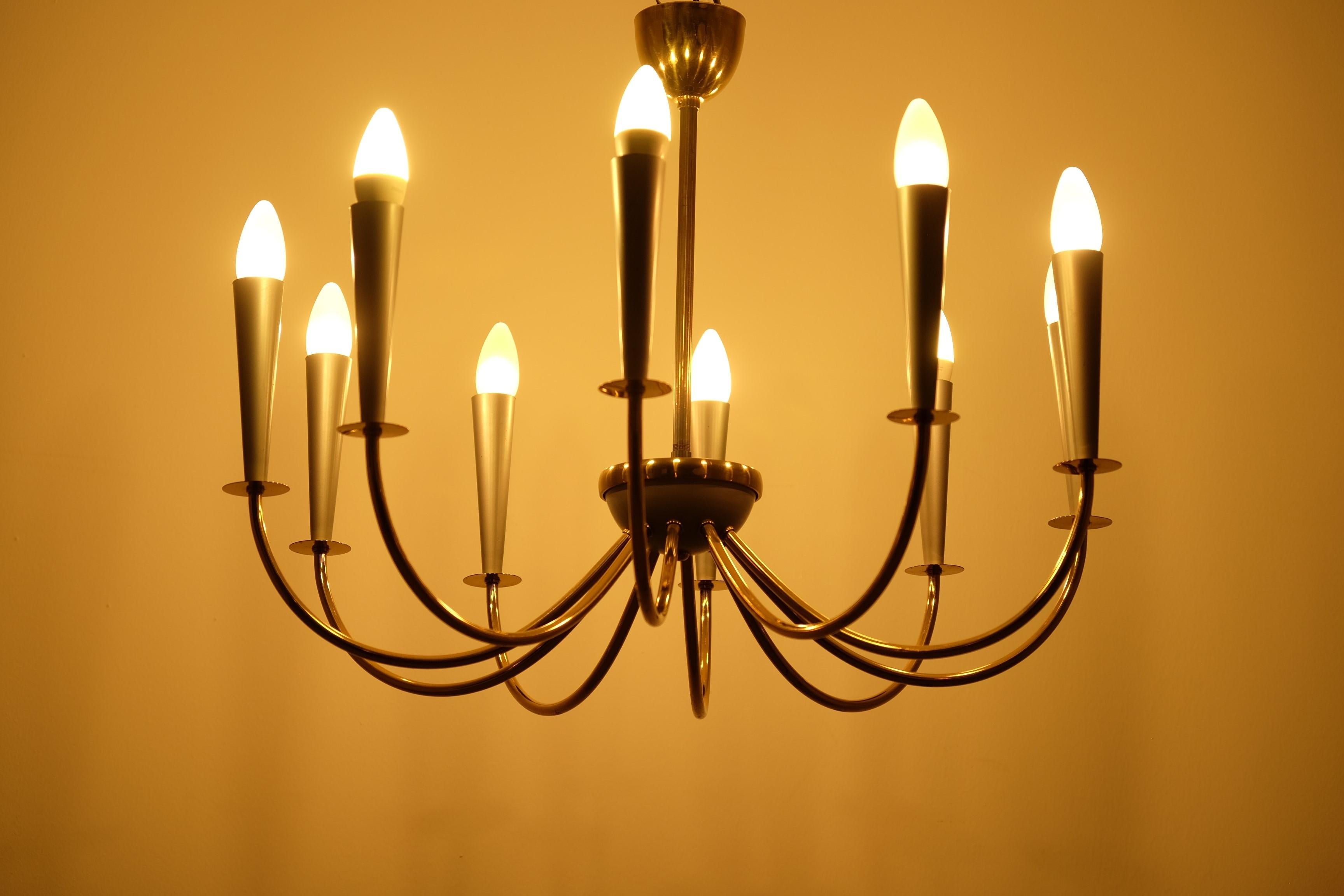 Metal Elegant Mid Century Modern Sputnik Chandelier with Ten Brass Arms, Germany 1950s For Sale