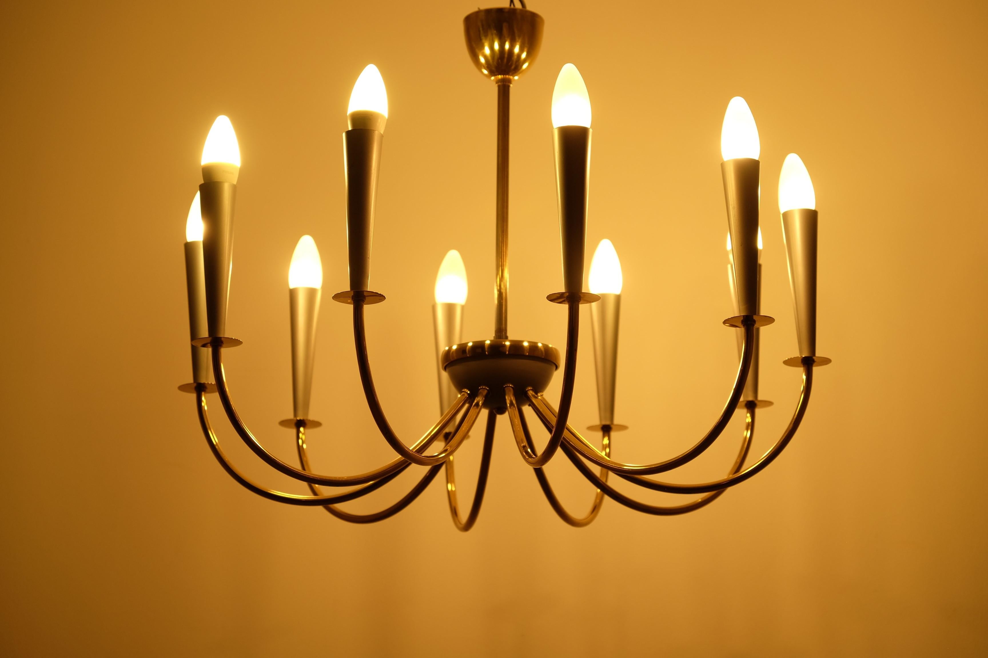 Elegant Mid Century Modern Sputnik Chandelier with Ten Brass Arms, Germany 1950s For Sale 1