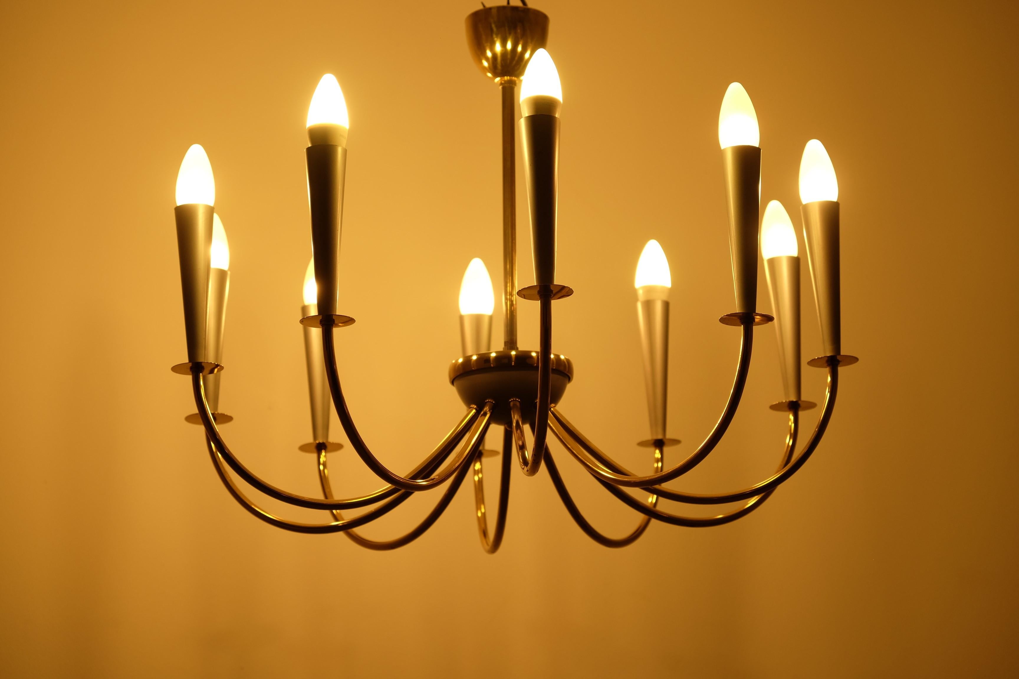 Elegant Mid Century Modern Sputnik Chandelier with Ten Brass Arms, Germany 1950s For Sale 2