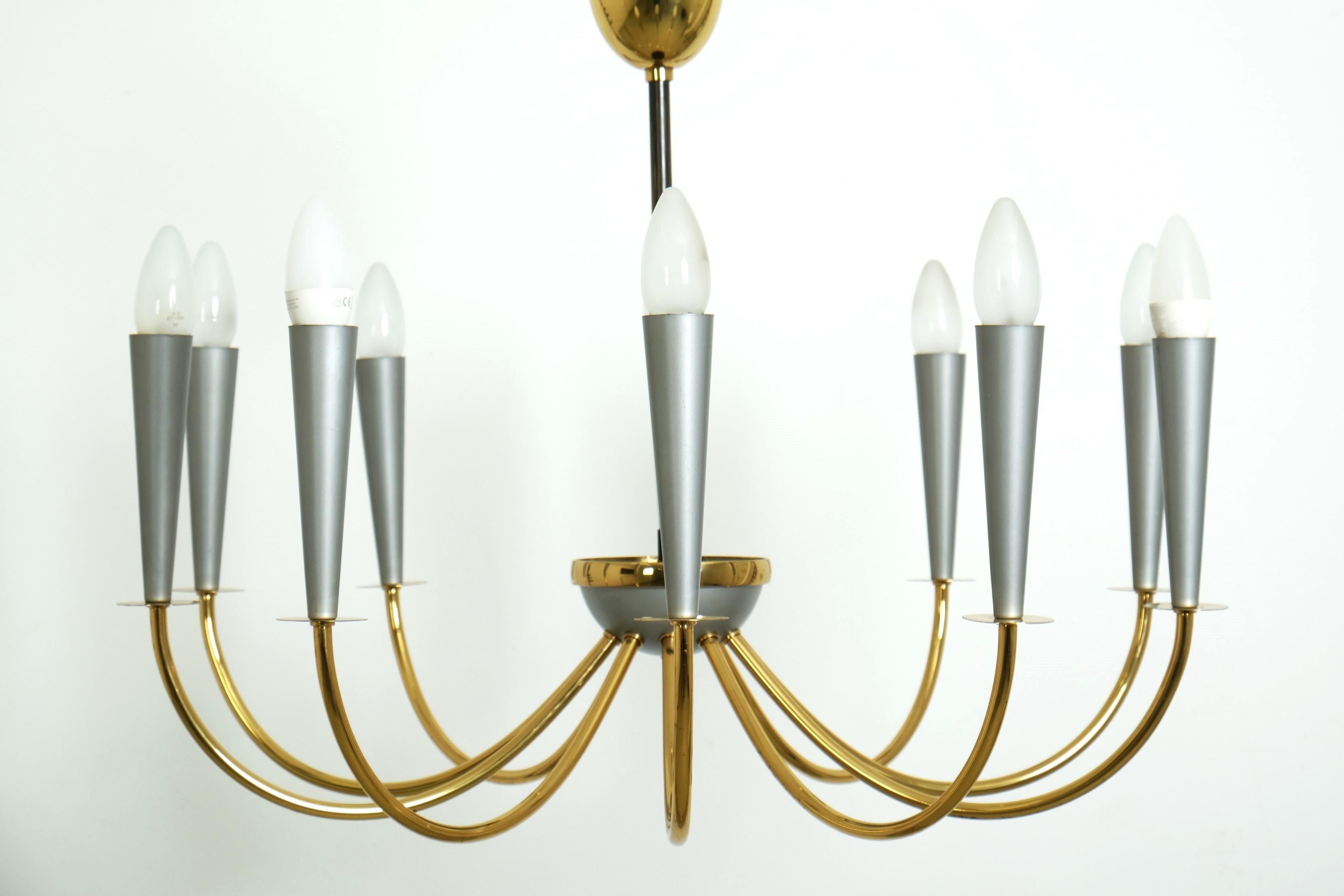 Elegant Mid Century Modern Sputnik Chandelier with Ten Brass Arms, Germany 1950s For Sale 3