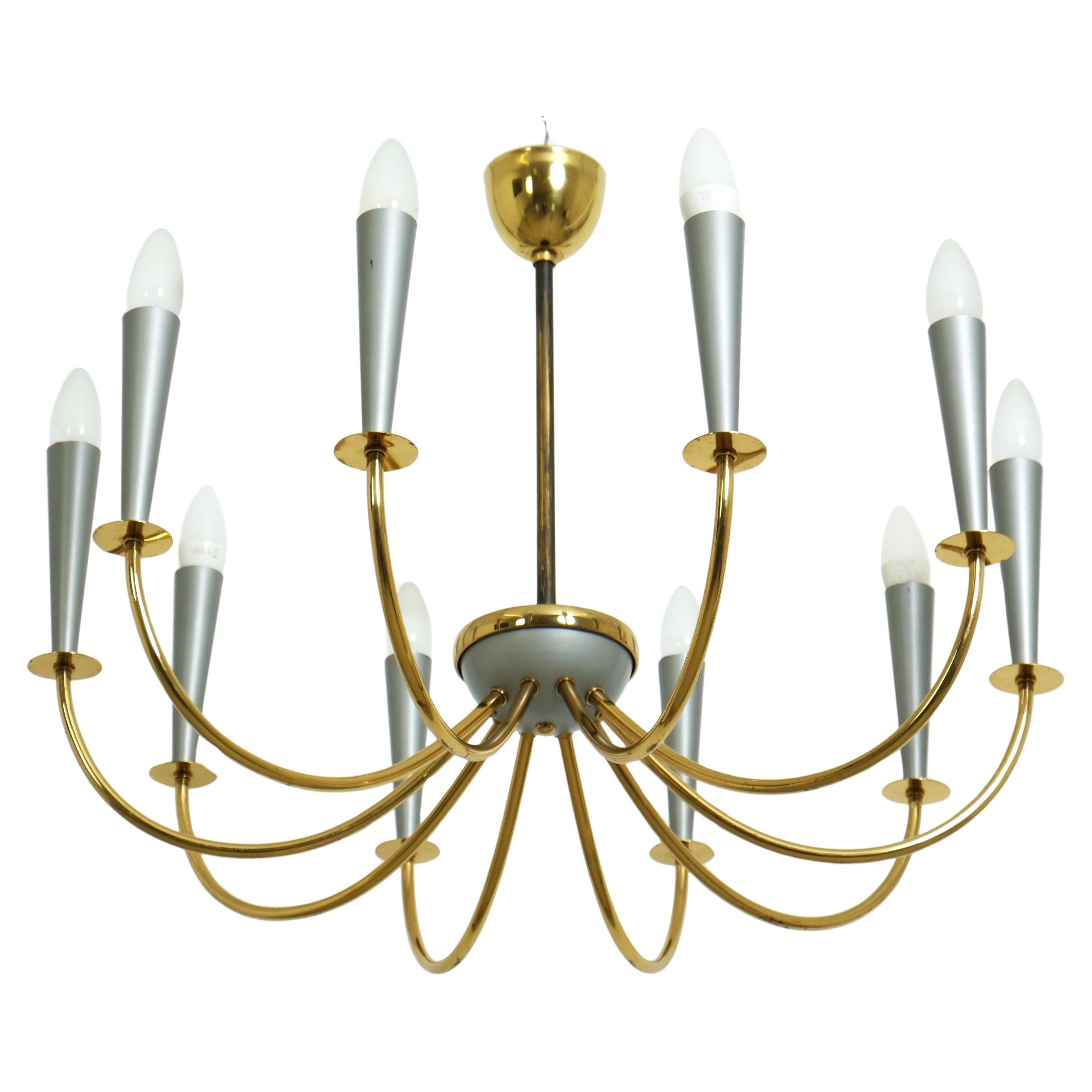 Elegant Mid Century Modern Sputnik Chandelier with Ten Brass Arms, Germany 1950s For Sale