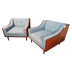 Retro Elegant Mid-Century Modern Wood and Blue Fabric Lounge Chairs