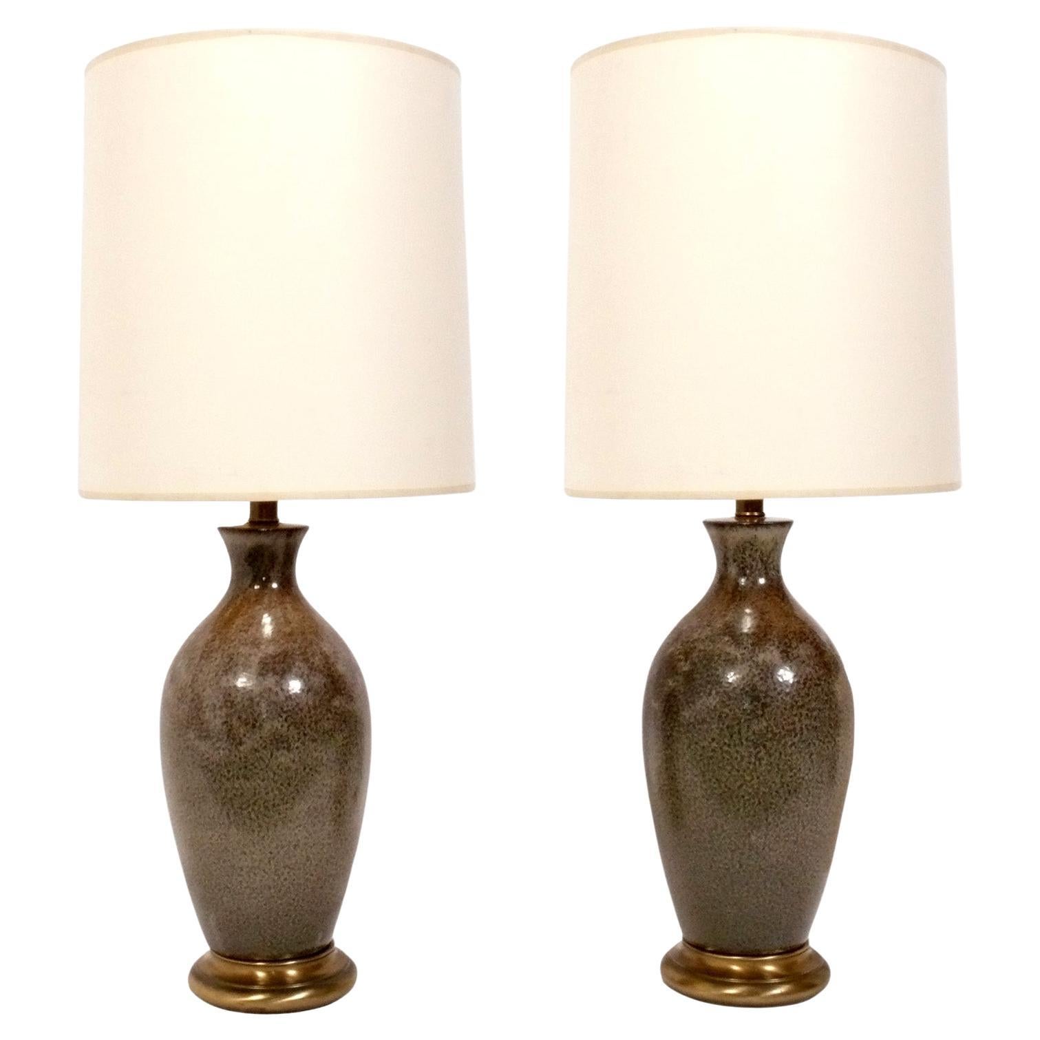 Elegant Mid Century Pottery Lamps with Speckled Brown Glaze  For Sale