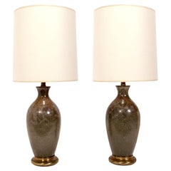 Vintage Elegant Mid Century Pottery Lamps with Speckled Brown Glaze 