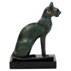 Vintage Elegant Midcentury Sitting Bronze Bastet Sculpture on Marble Base, France, 1960s