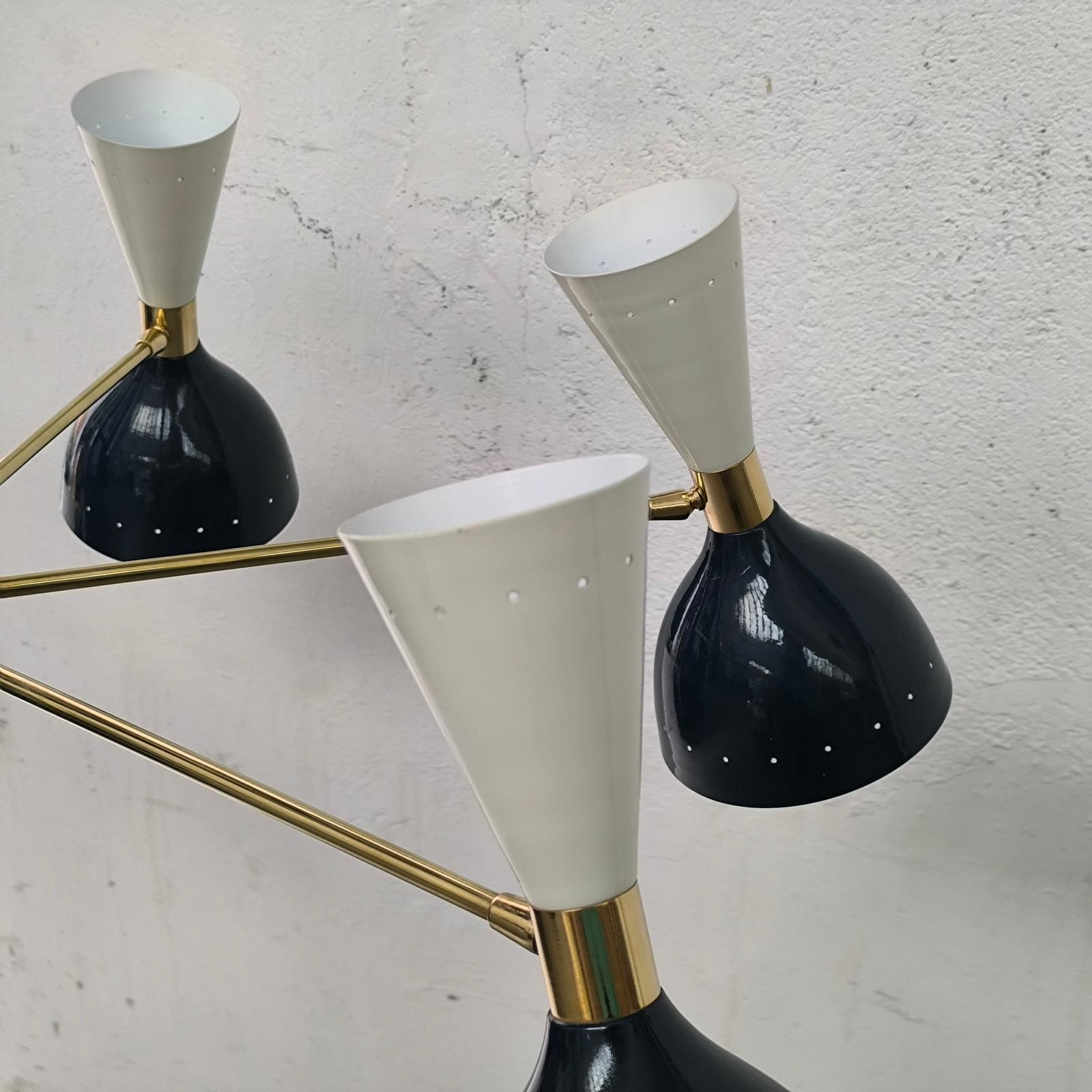Elegant Mid-Century Style Brass Chandelier with Midnight Blue White Cone Shades For Sale 3