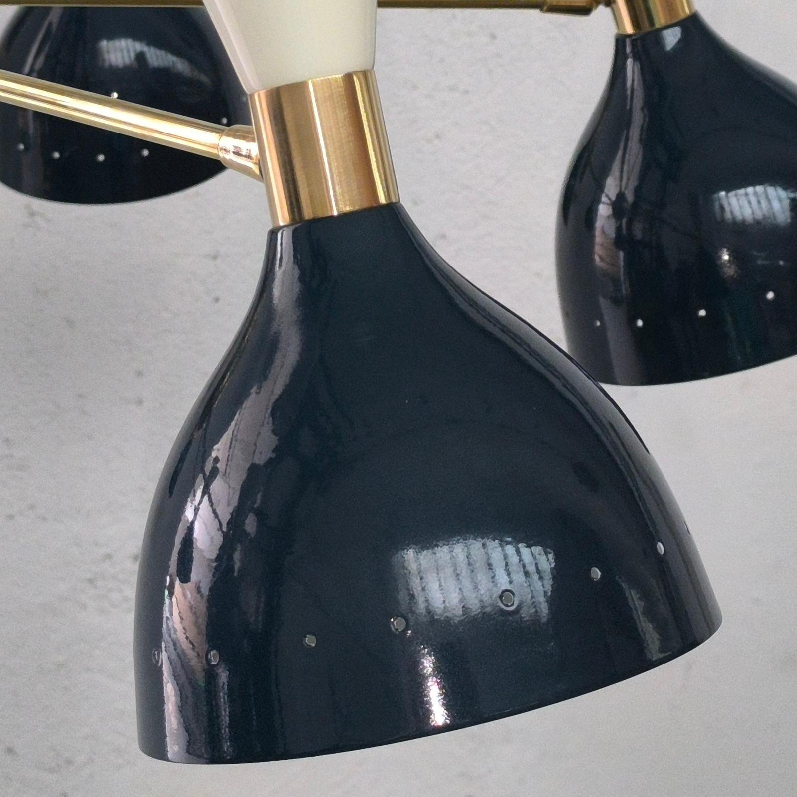 Elegant Mid-Century Style Brass Chandelier with Midnight Blue White Cone Shades For Sale 5