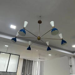 Elegant Mid-Century Style Brass Chandelier with Midnight Blue White Cone Shades