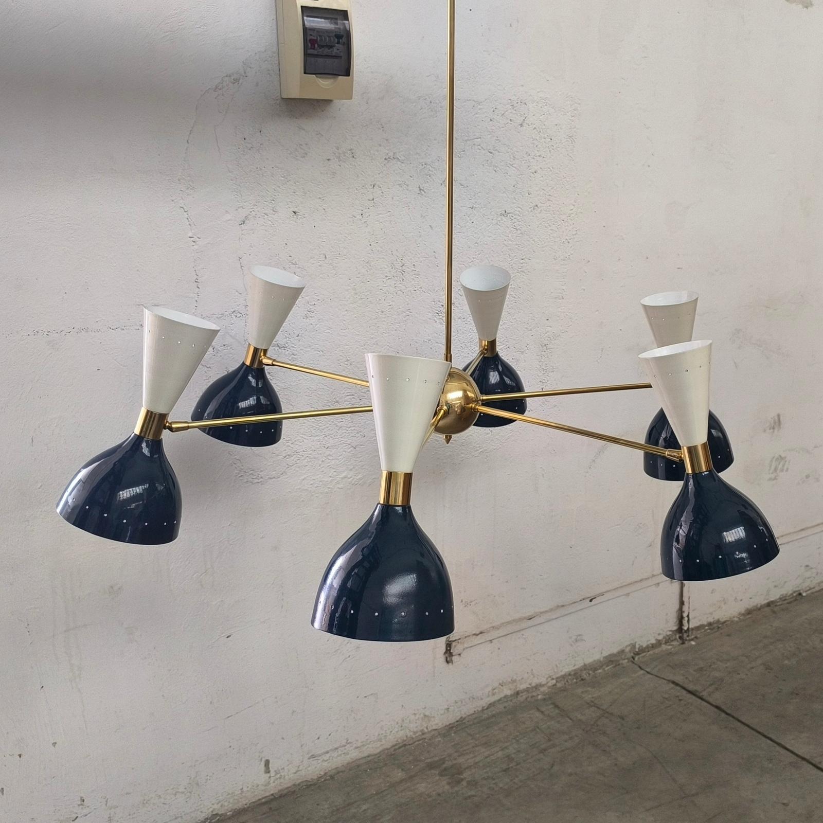 Italian Elegant Mid-Century Style Brass Chandelier with Midnight Blue White Cone Shades For Sale