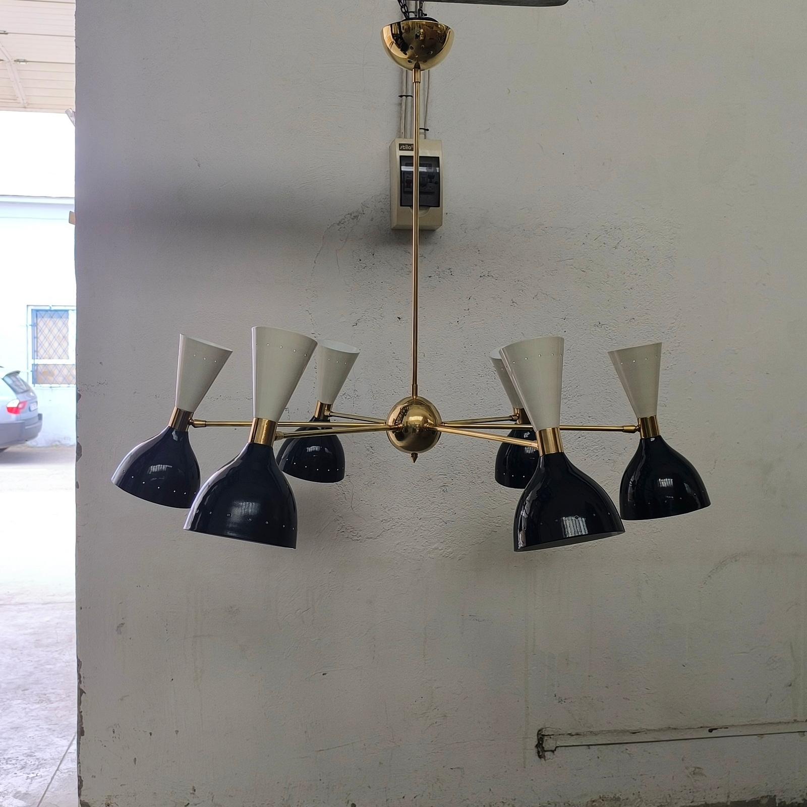 Lacquered Elegant Mid-Century Style Brass Chandelier with Midnight Blue White Cone Shades For Sale