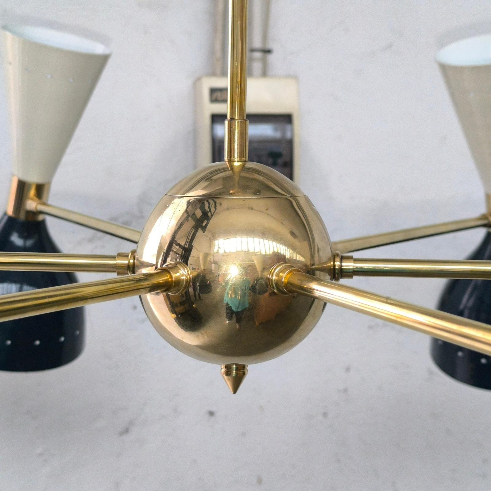 Elegant Mid-Century Style Brass Chandelier with Midnight Blue White Cone Shades For Sale 1