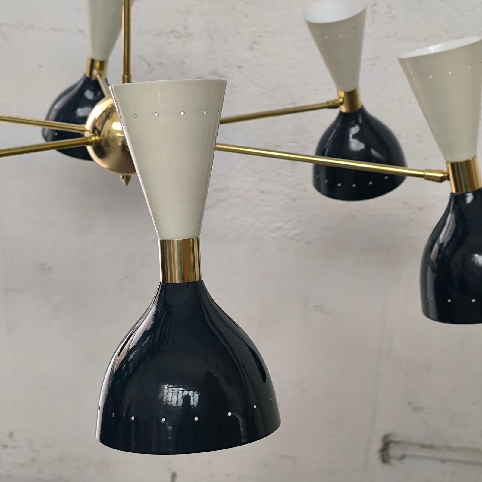 Elegant Mid-Century Style Brass Chandelier with Midnight Blue White Cone Shades For Sale 2