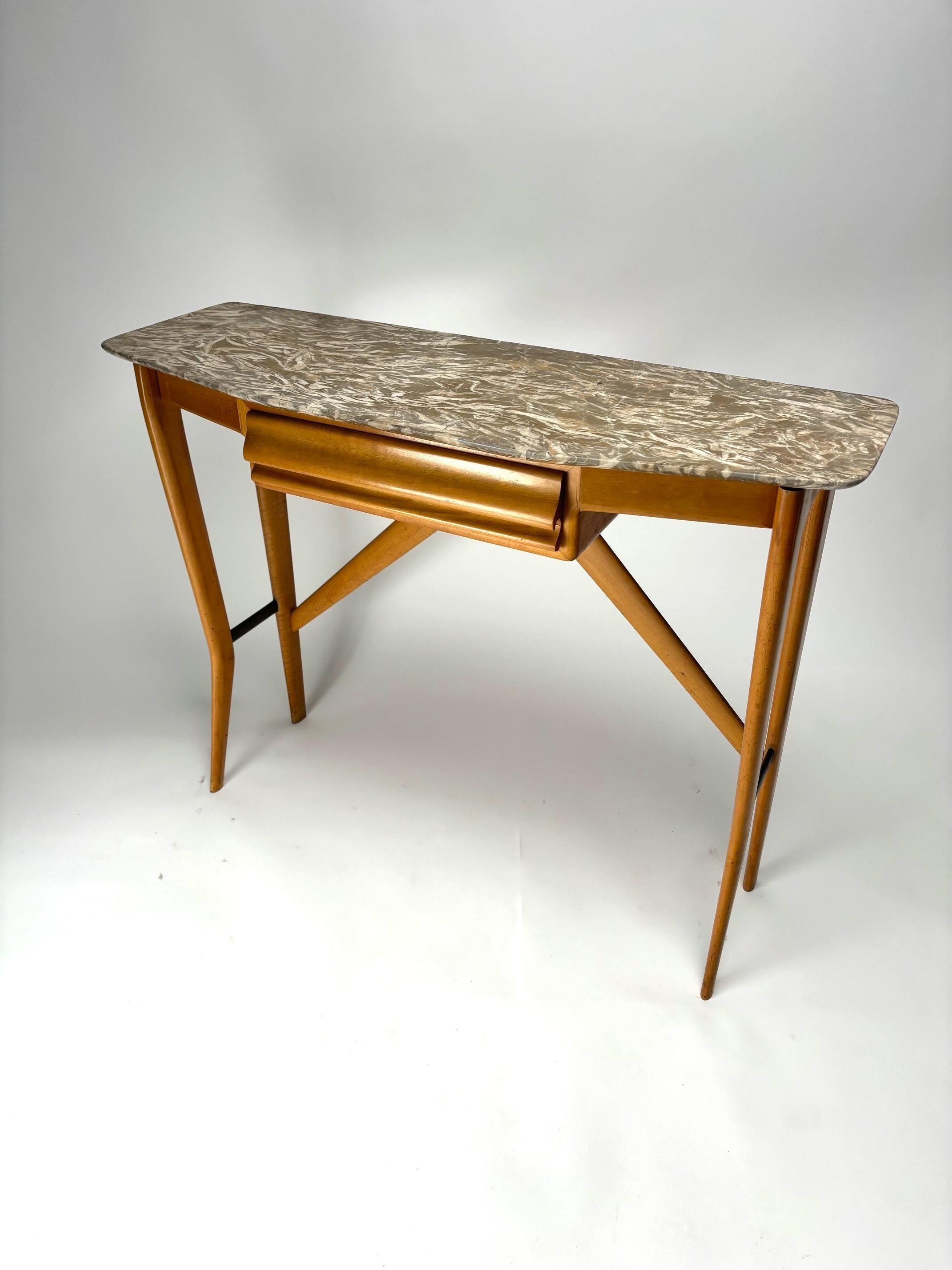 Italian Elegant mid-century wall console table with marble top, Italy, 1950s For Sale