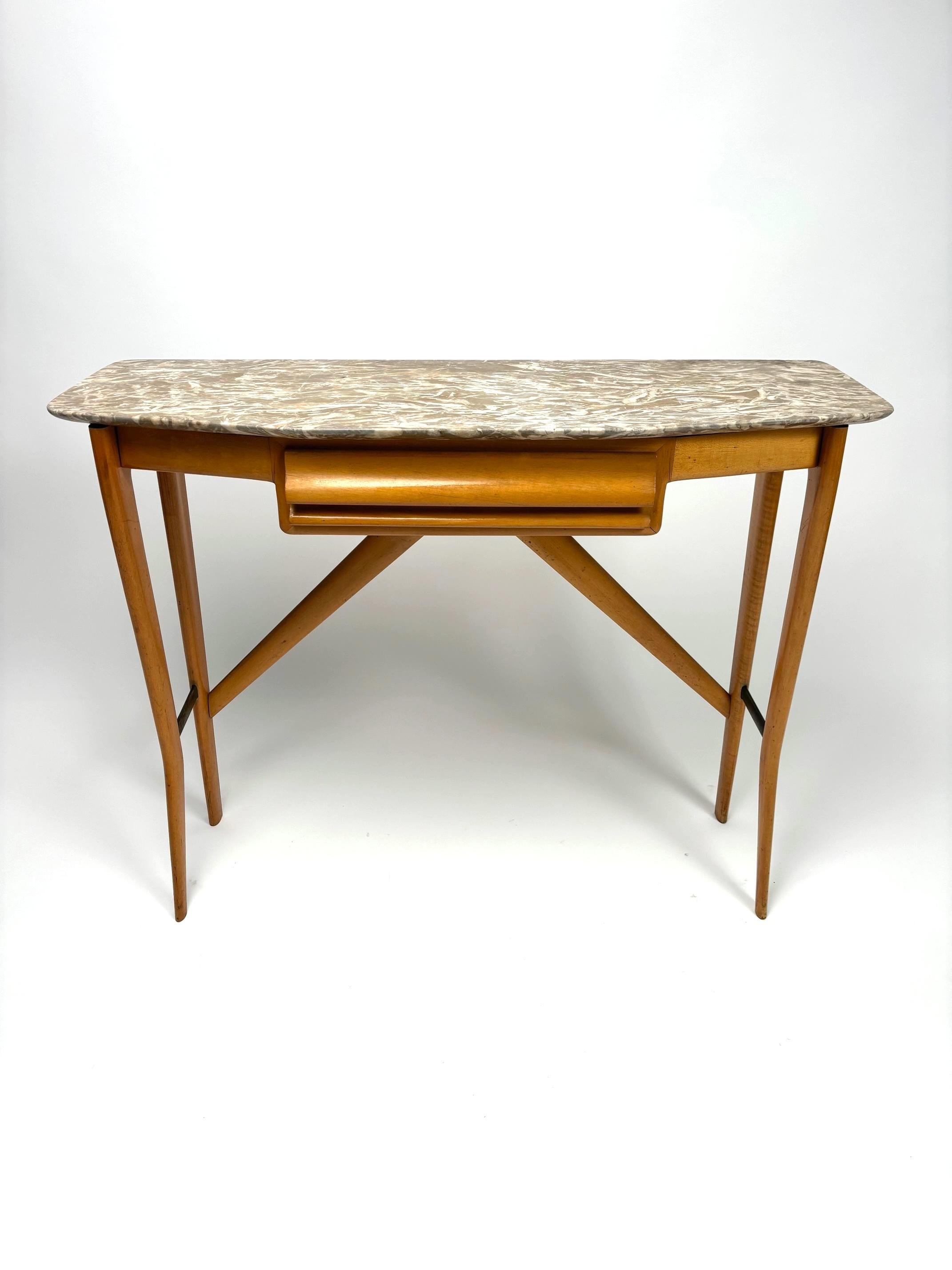 Elegant mid-century wall console table with marble top, Italy, 1950s In Good Condition For Sale In Argelato, BO