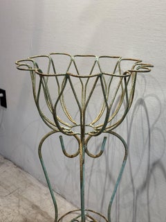Elegant Mid-Century Wrought Iron Tulip-Form Plant Stand with Aged Aqua Patina