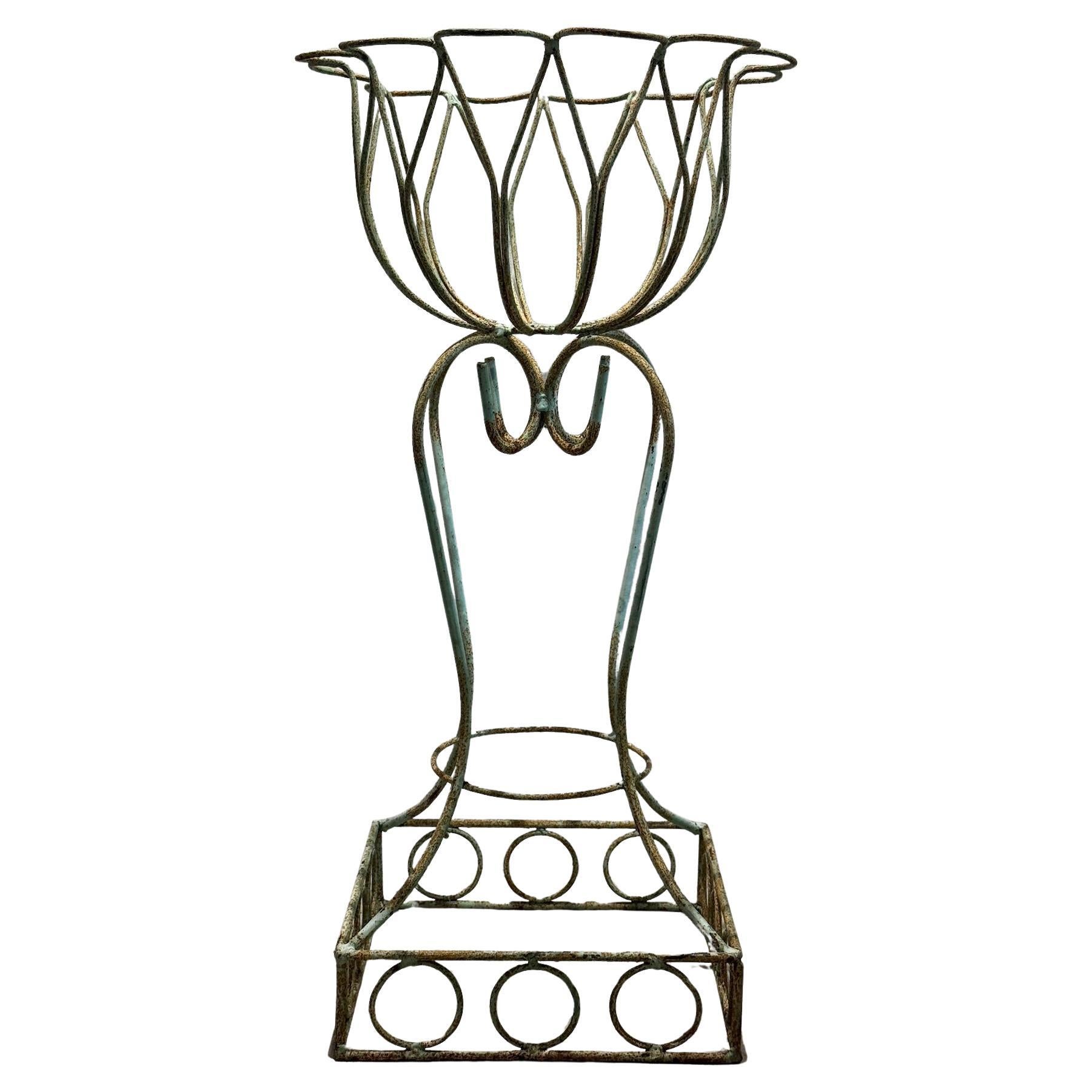 Elegant Mid-Century Wrought Iron Tulip-Form Plant Stand with Aged Aqua Patina