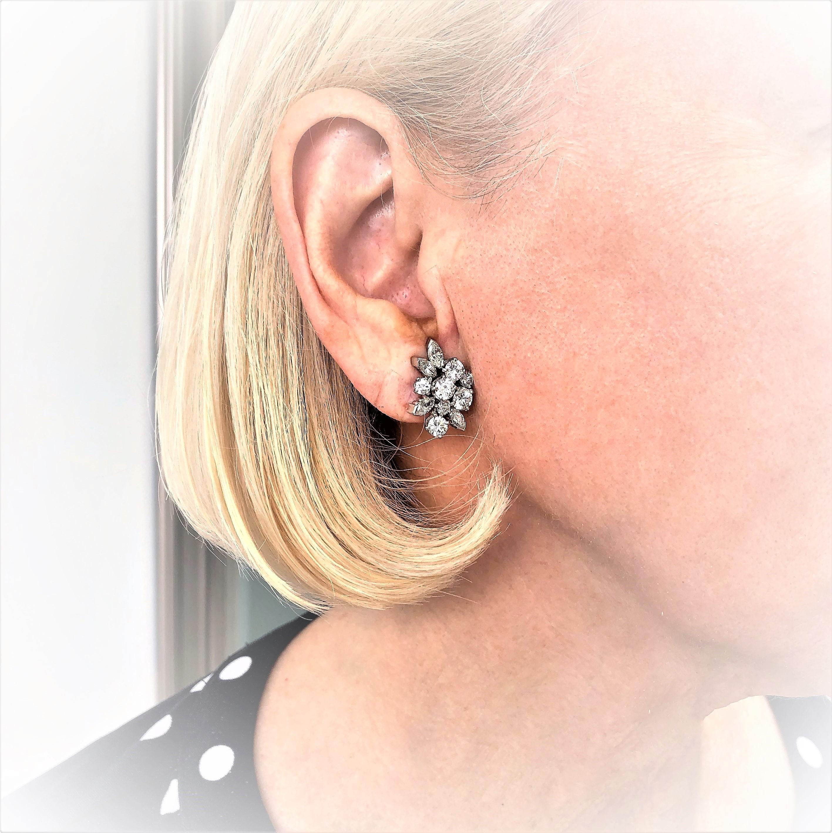 Elegant Mid Size, Midcentury Diamond Cluster Earrings Set in Platinum In Good Condition In Palm Beach, FL