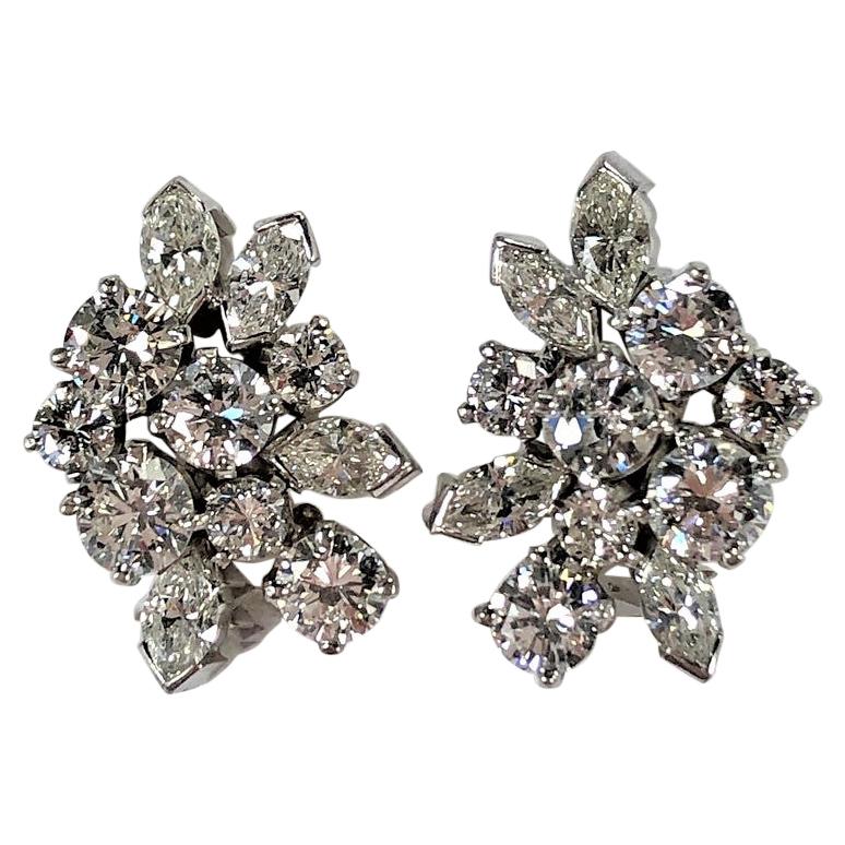 Elegant Mid Size, Midcentury Diamond Cluster Earrings Set in Platinum