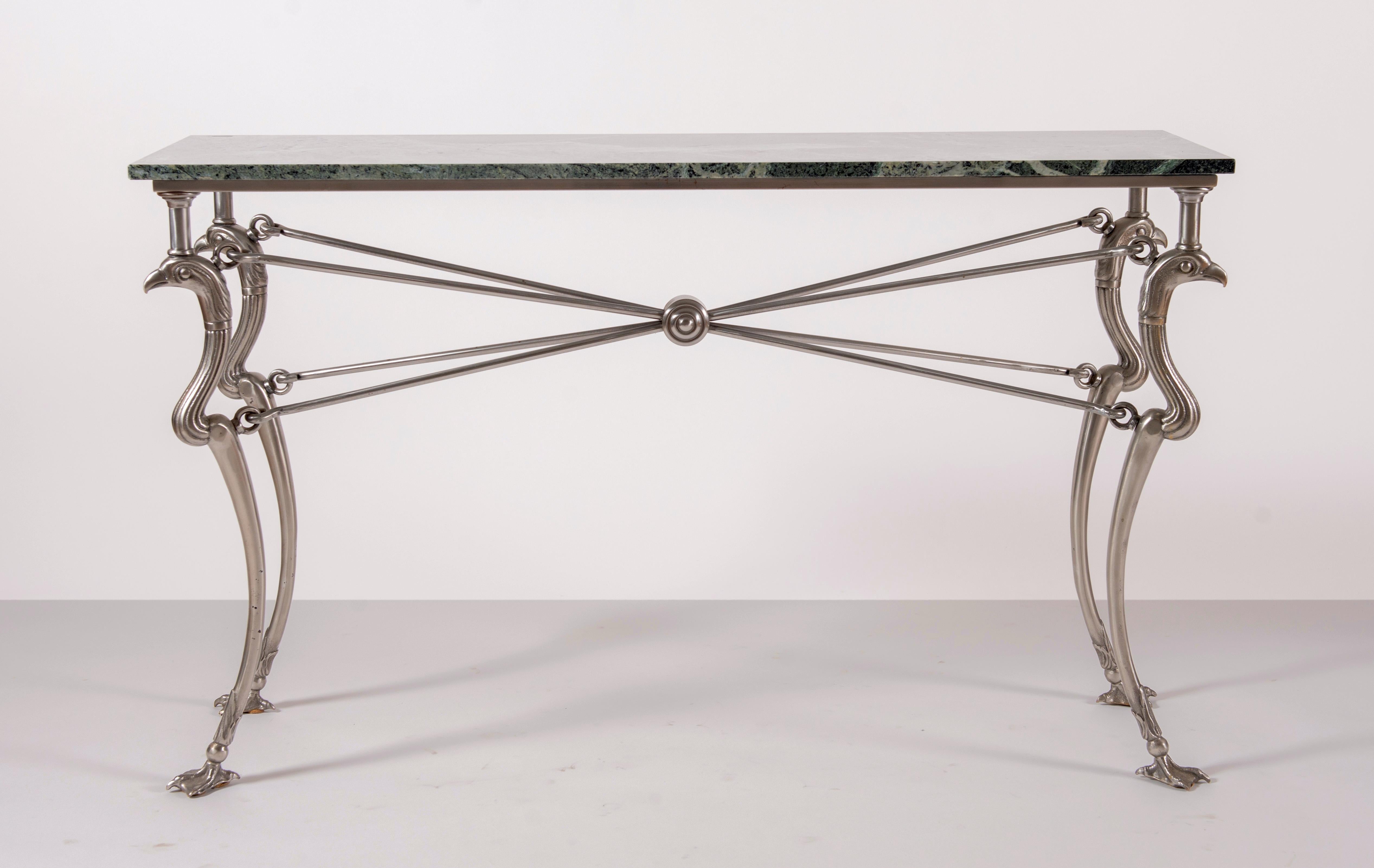 Exceptional Italian midcentury brushed Iron console table featuring a stylized eagle head and feet with a veneered green marble top.
 Craftmade design by Orlandi the worldwide famous Italian forging iron company . 
 Timeless elegance for your