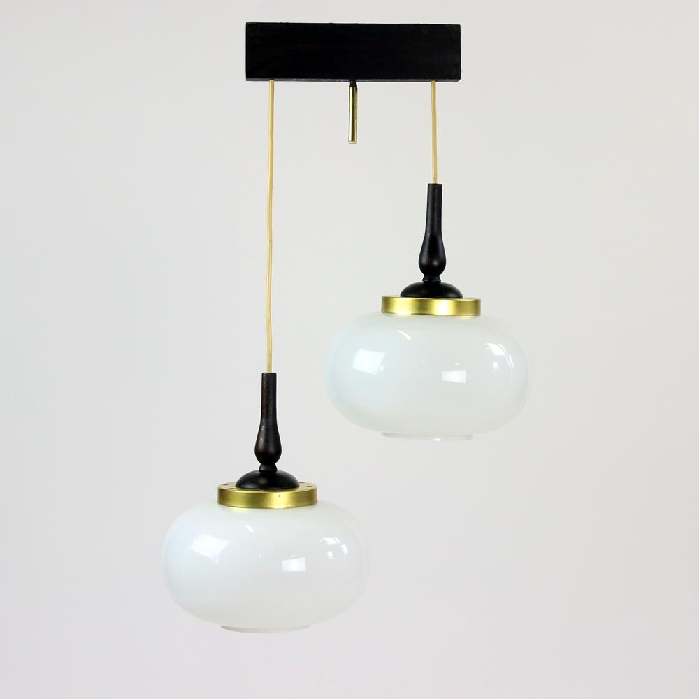Elegant MidCentury Ceiling Pendant with Two Opaline Lights, Czechoslovakia 1960s In Excellent Condition For Sale In Zohor, SK