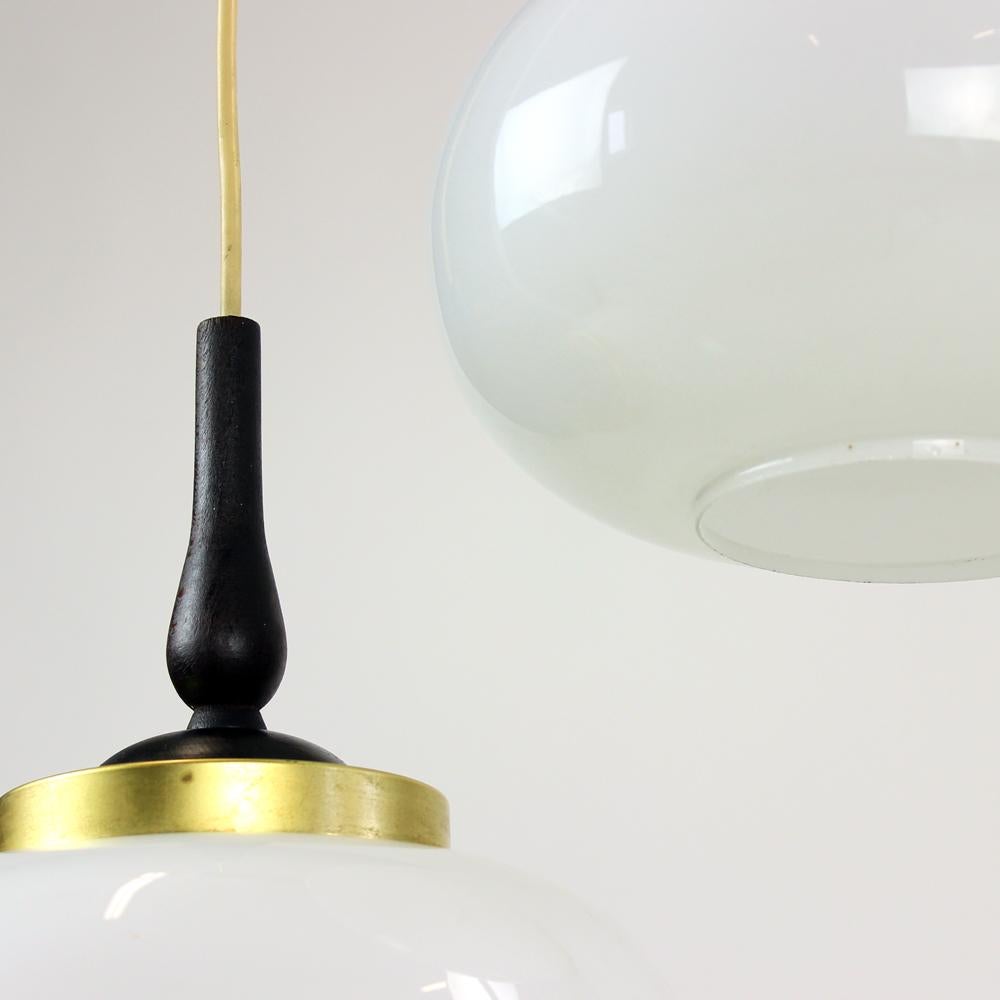 Mid-20th Century Elegant MidCentury Ceiling Pendant with Two Opaline Lights, Czechoslovakia 1960s For Sale