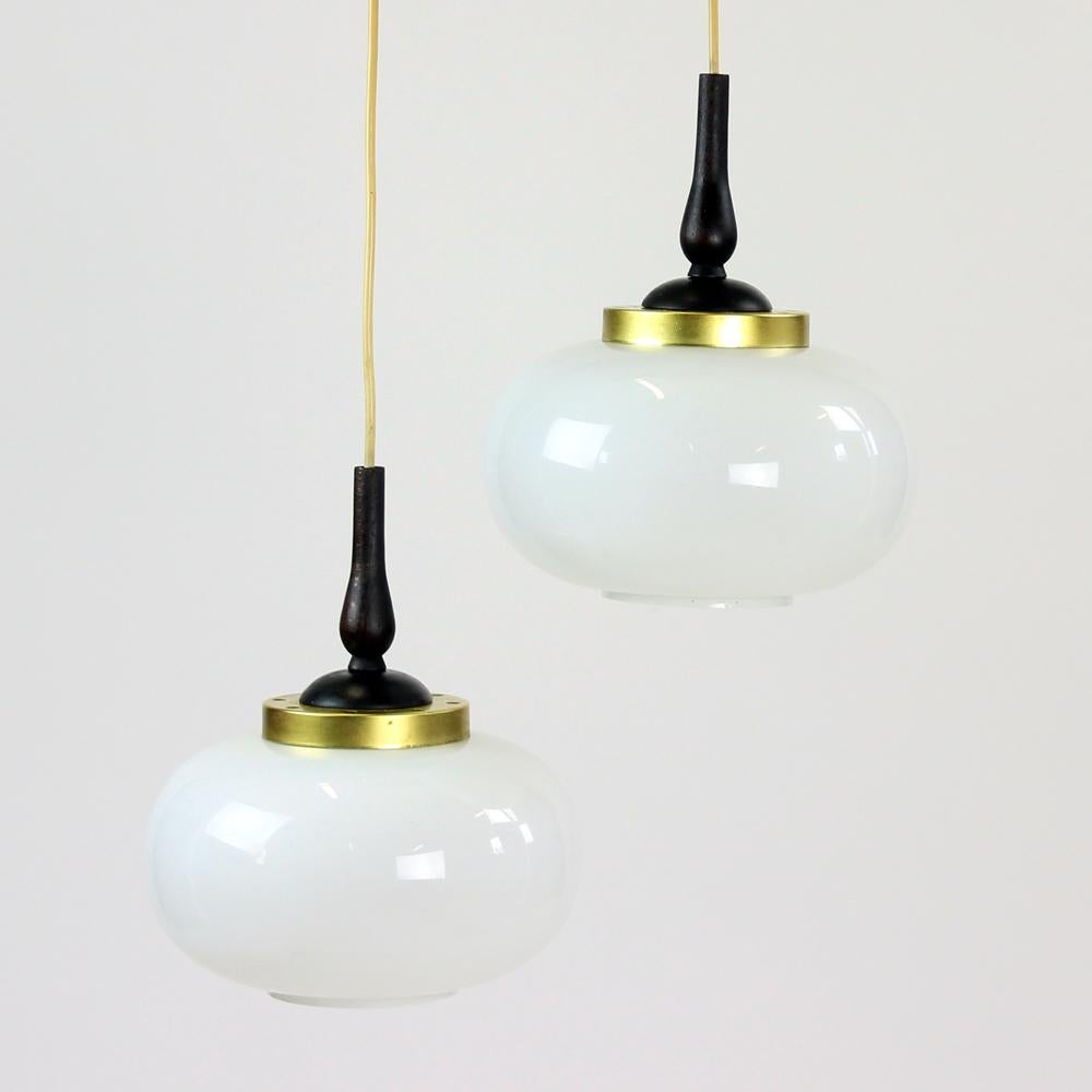 Opaline Glass Elegant MidCentury Ceiling Pendant with Two Opaline Lights, Czechoslovakia 1960s For Sale