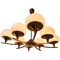 Elegant Midcentury Chandelier with 9 Opaline Glass and Patinated Brass Frame