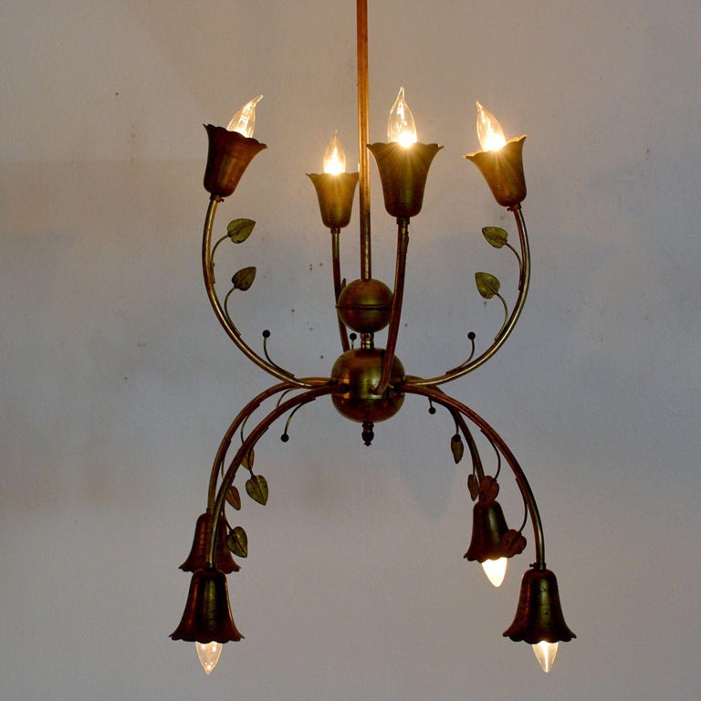 Elegant Midcentury Italian Solid Brass Chandelier Flower Design For