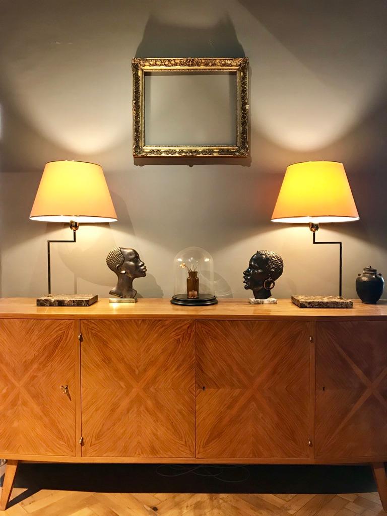 Elegant Midcentury Marble and Brass Table Lamps with Orange Shades, Italy, 1970s 3