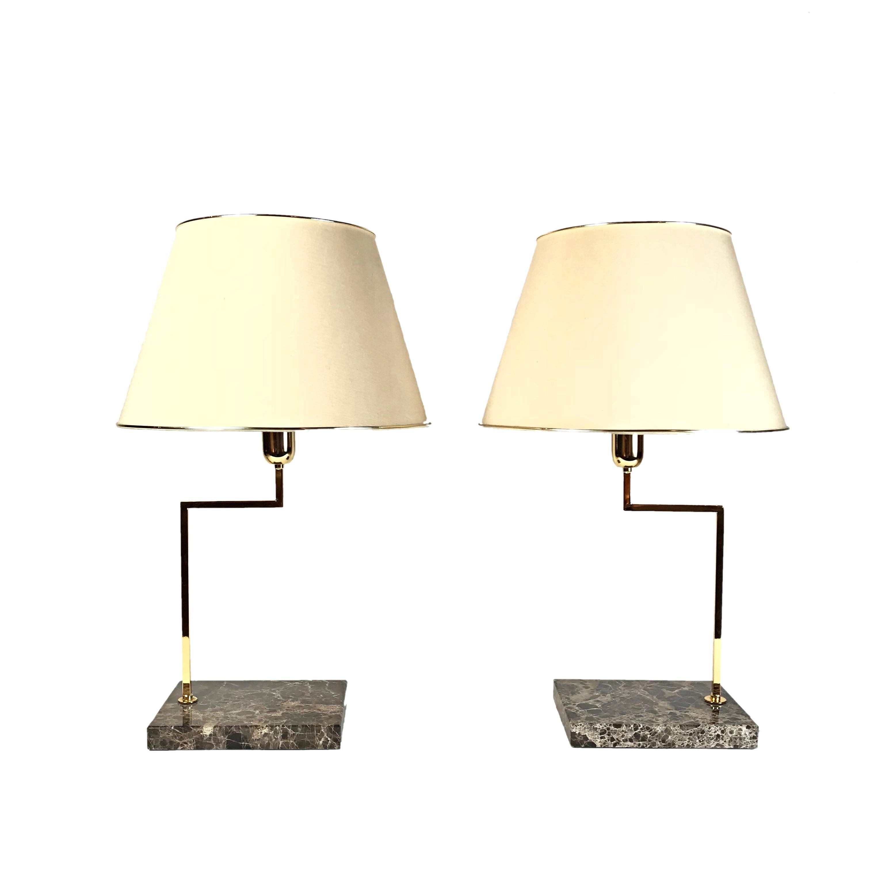 Elegant Midcentury Marble and Brass Table Lamps with Orange Shades, Italy, 1970s 4