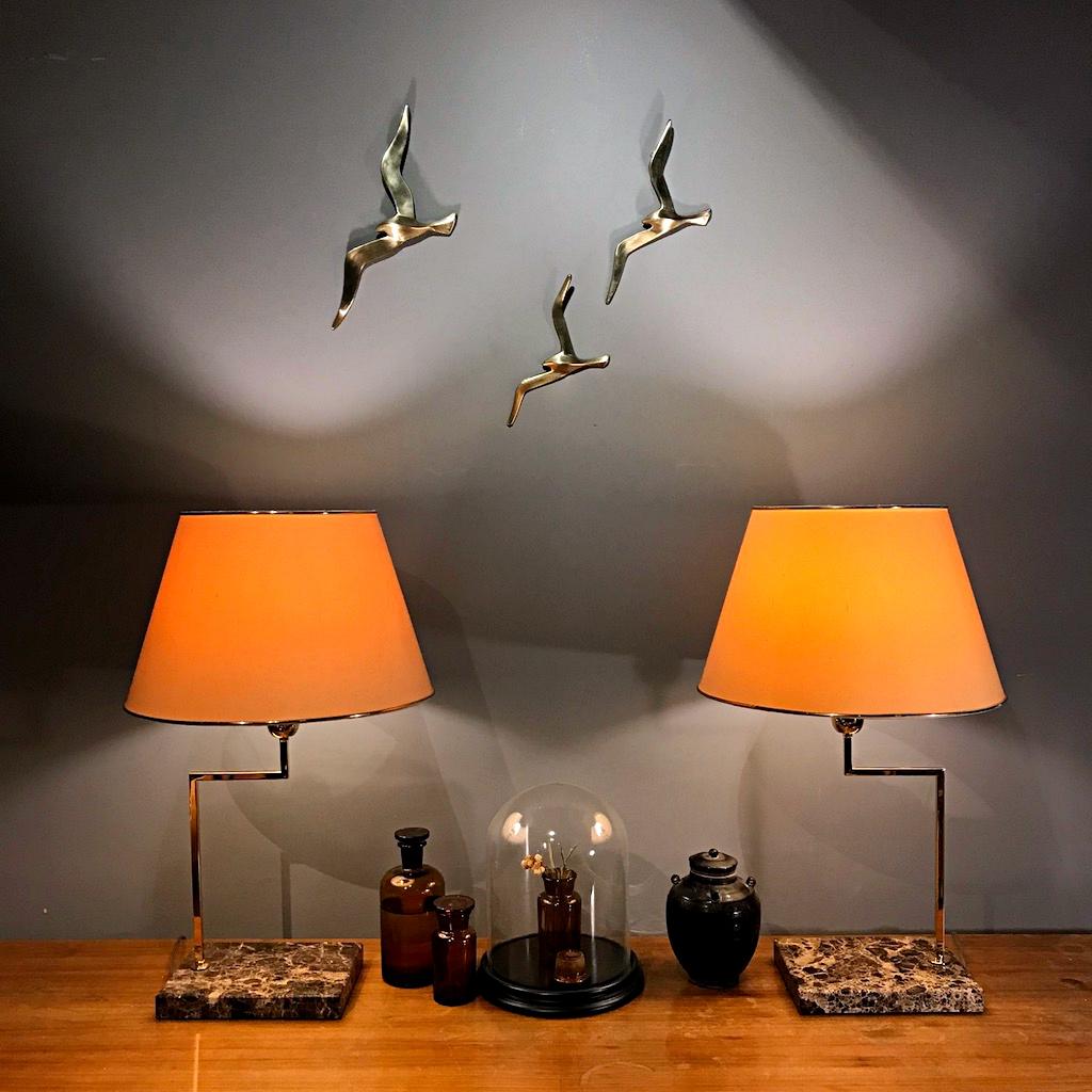 Mid-Century Modern Elegant Midcentury Marble and Brass Table Lamps with Orange Shades, Italy, 1970s