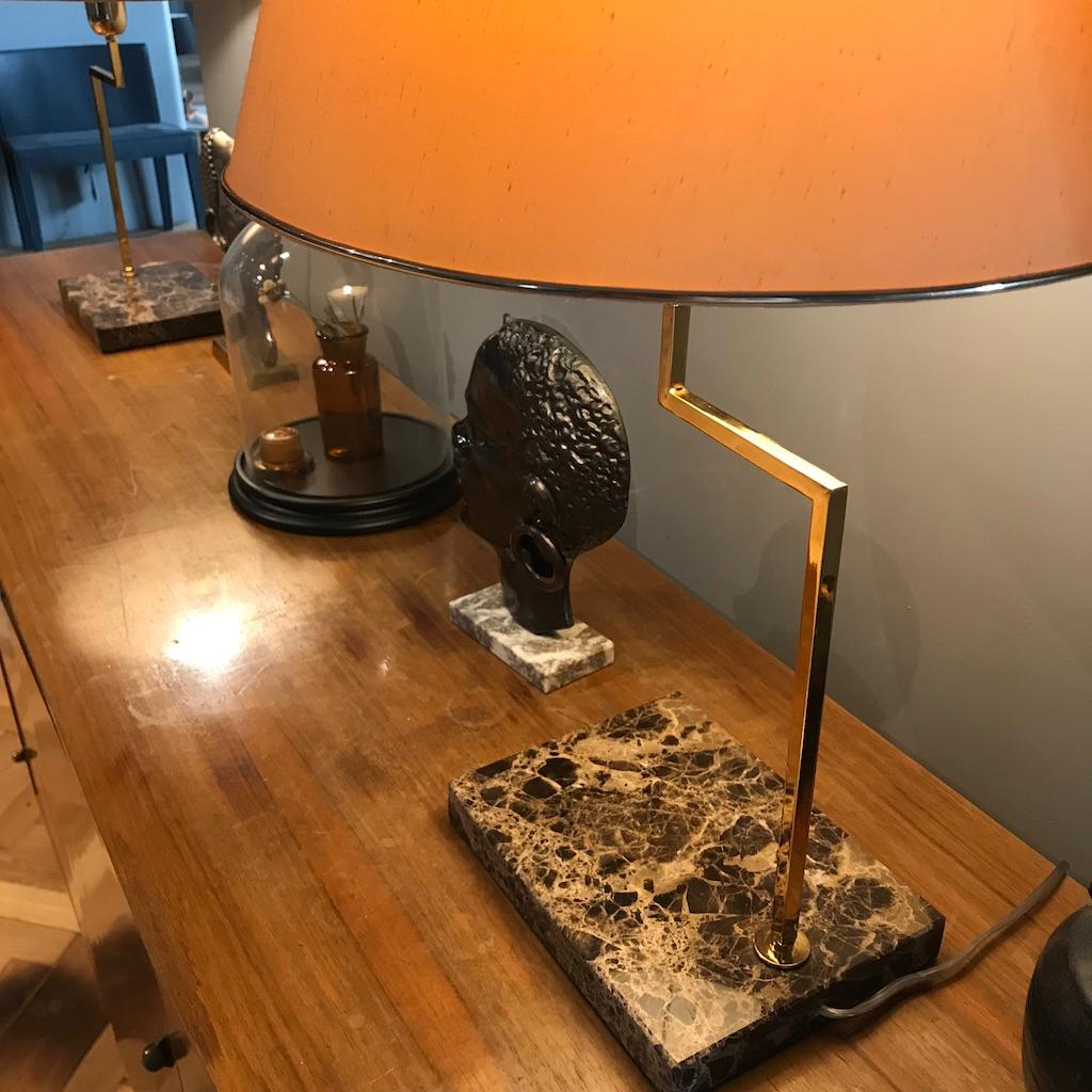 Elegant Midcentury Marble and Brass Table Lamps with Orange Shades, Italy, 1970s In Excellent Condition In Biebergemund, Hessen