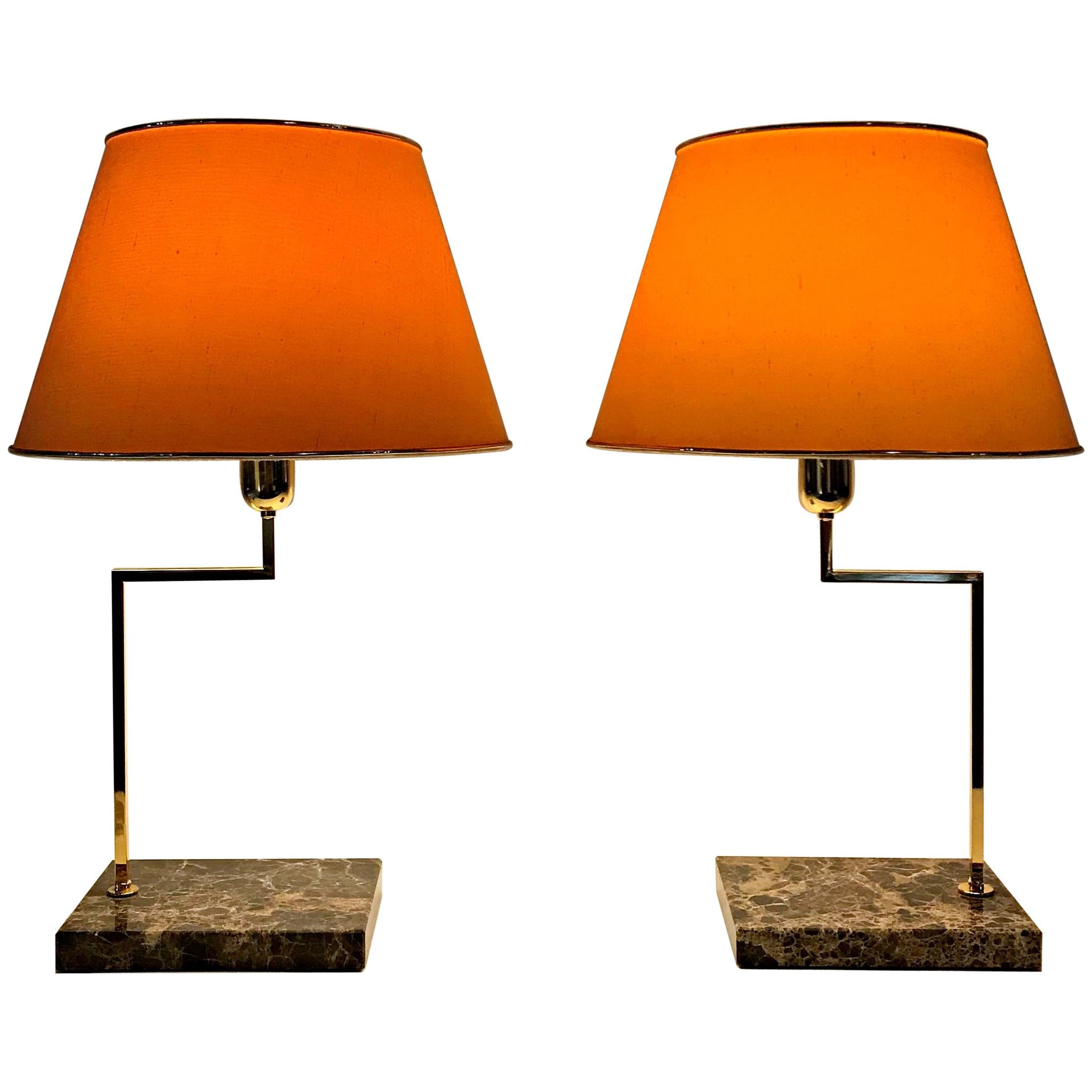 Elegant Midcentury Marble and Brass Table Lamps with Orange Shades, Italy, 1970s